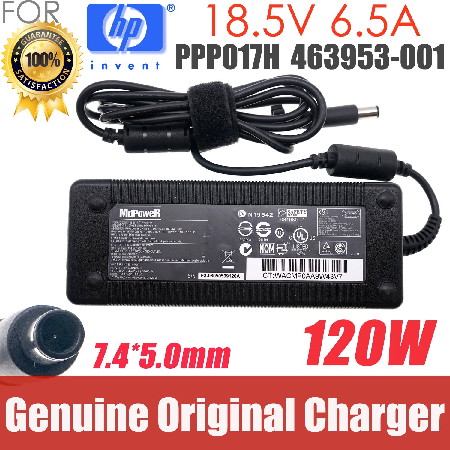 Original 18.5V 6.5A 120W 7.4*5.0mm AC Adapter for HP DV7 8570w 8730p 8740P DV8 PPP017H PPP016L 391174-001 463953-001 609941-001