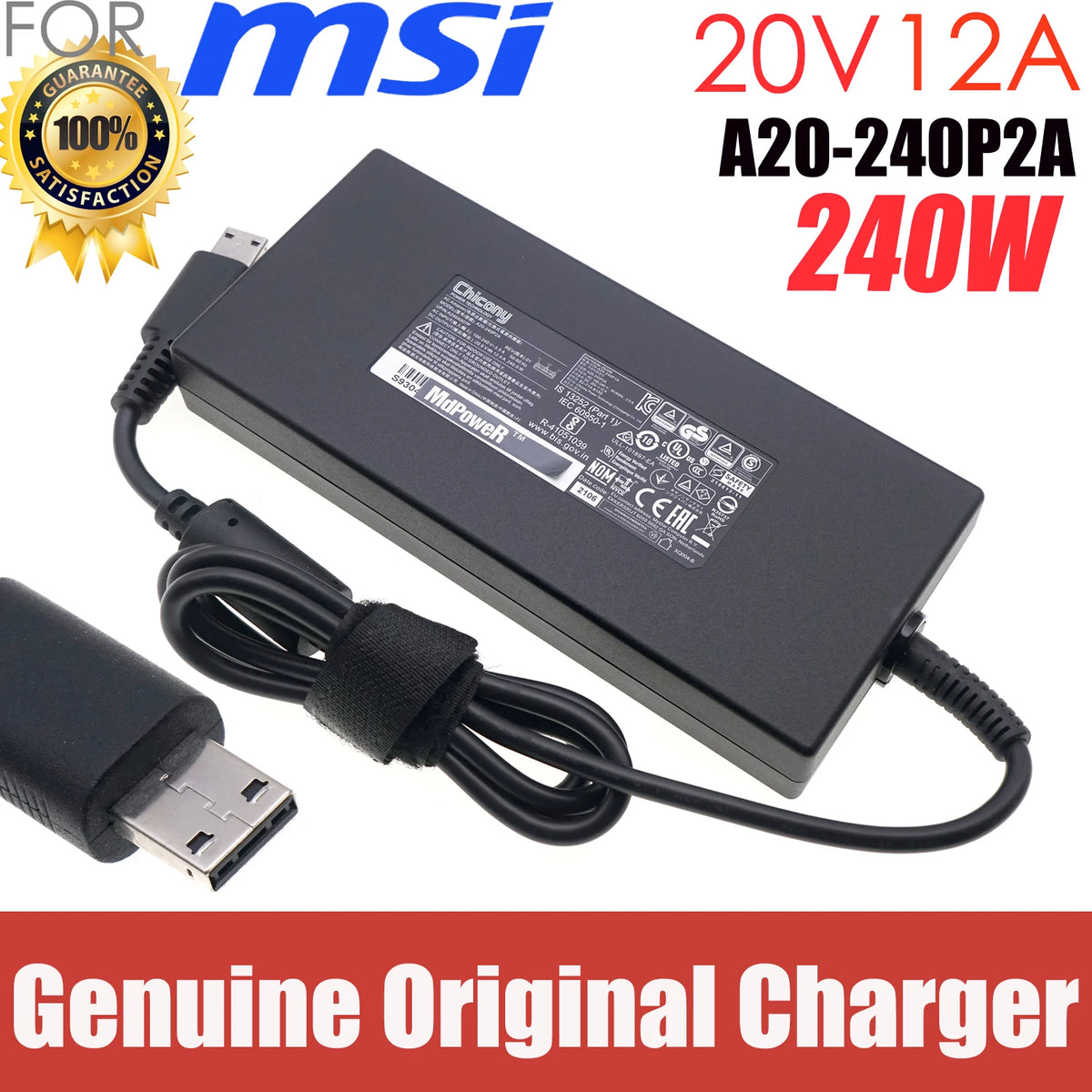 240W Original Chicony Gaming AC DC Adapter Charger for MSI GL66 GP76 GP66 Leopard 11UE Power Supply A20-240P2A 20V 12A USB Tip