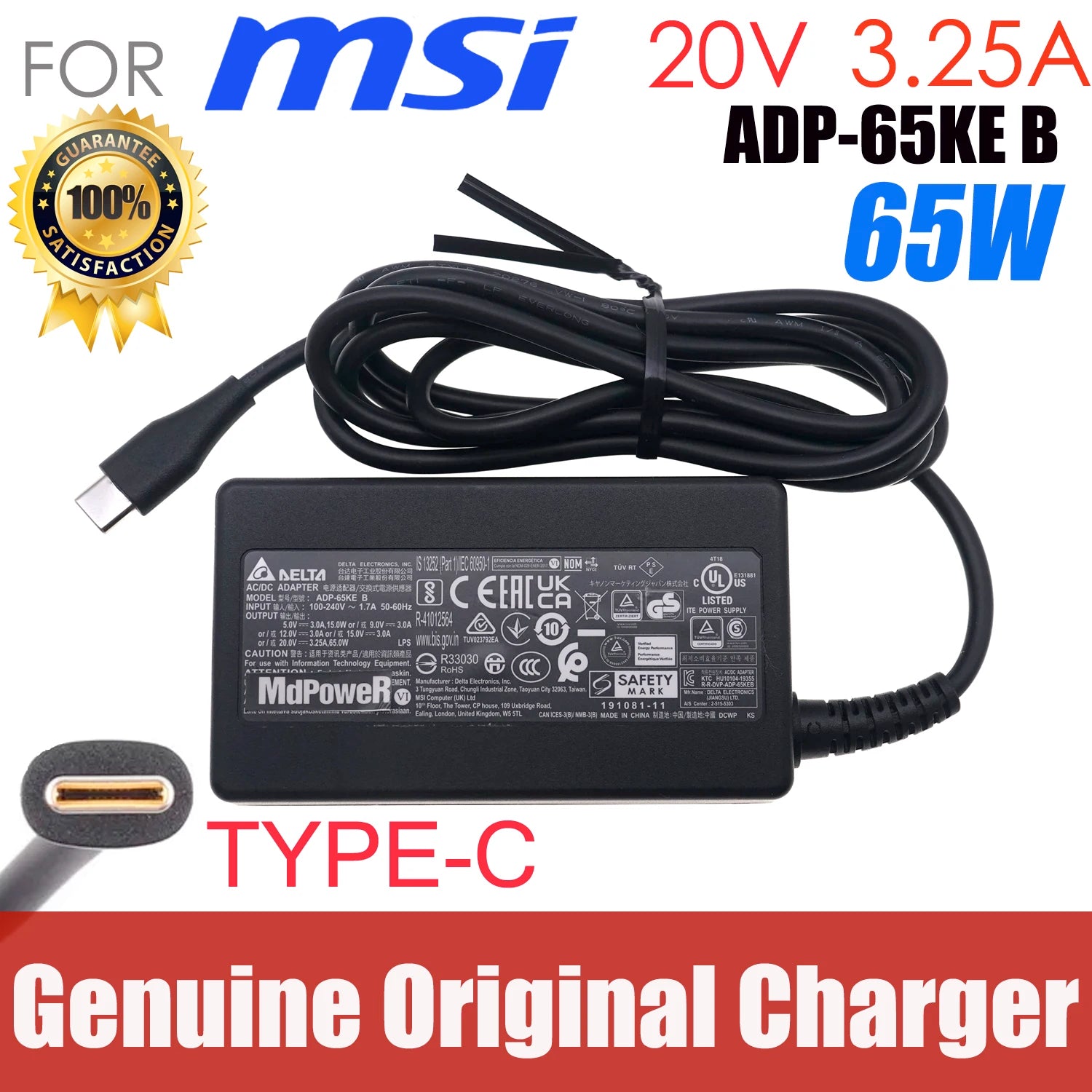 Genuine Delta AC Adapter ADP-65KE B Type-C 65W 20V 3.25A Charger For MSI Summit E13 Flip Evo A11MT-253US 13.4" 2-in-1 Laptop