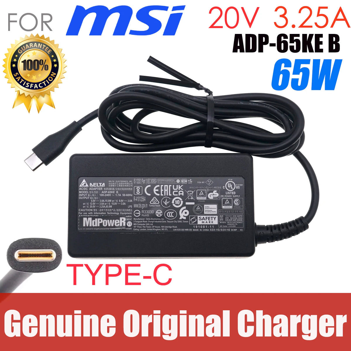 Genuine Delta AC Adapter ADP-65KE B Type-C 65W 20V 3.25A Charger For MSI Summit E13 Flip Evo A11MT-253US 13.4" 2-in-1 Laptop