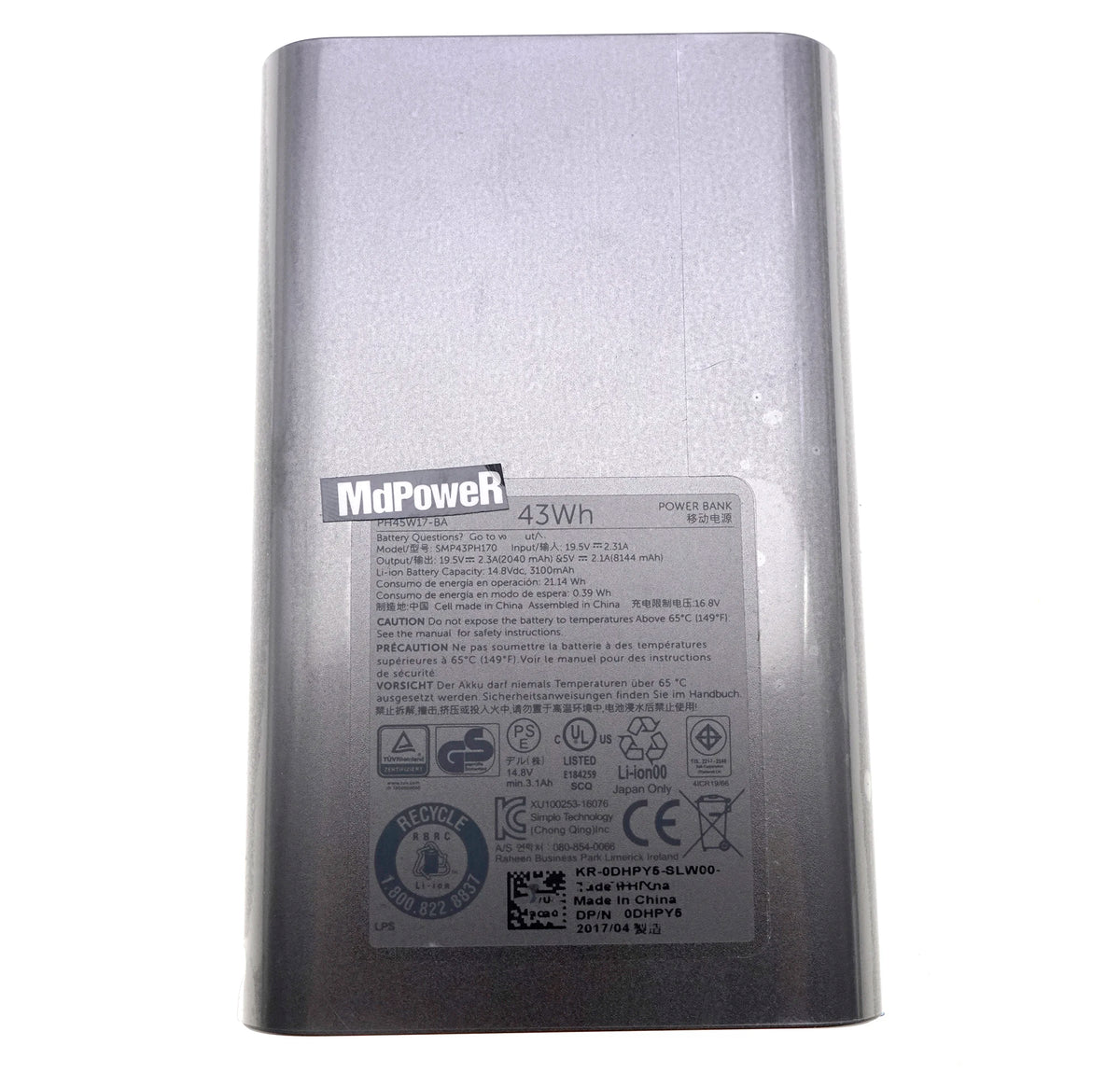 19.5V 2.31A 45W laptop AC Adapter 10000mAh Power bank 43Wh for Dell DP/N:05G53P 0DHPY5 TYPE-C SMP43PH170 LA45NM170 PH45W17-BA