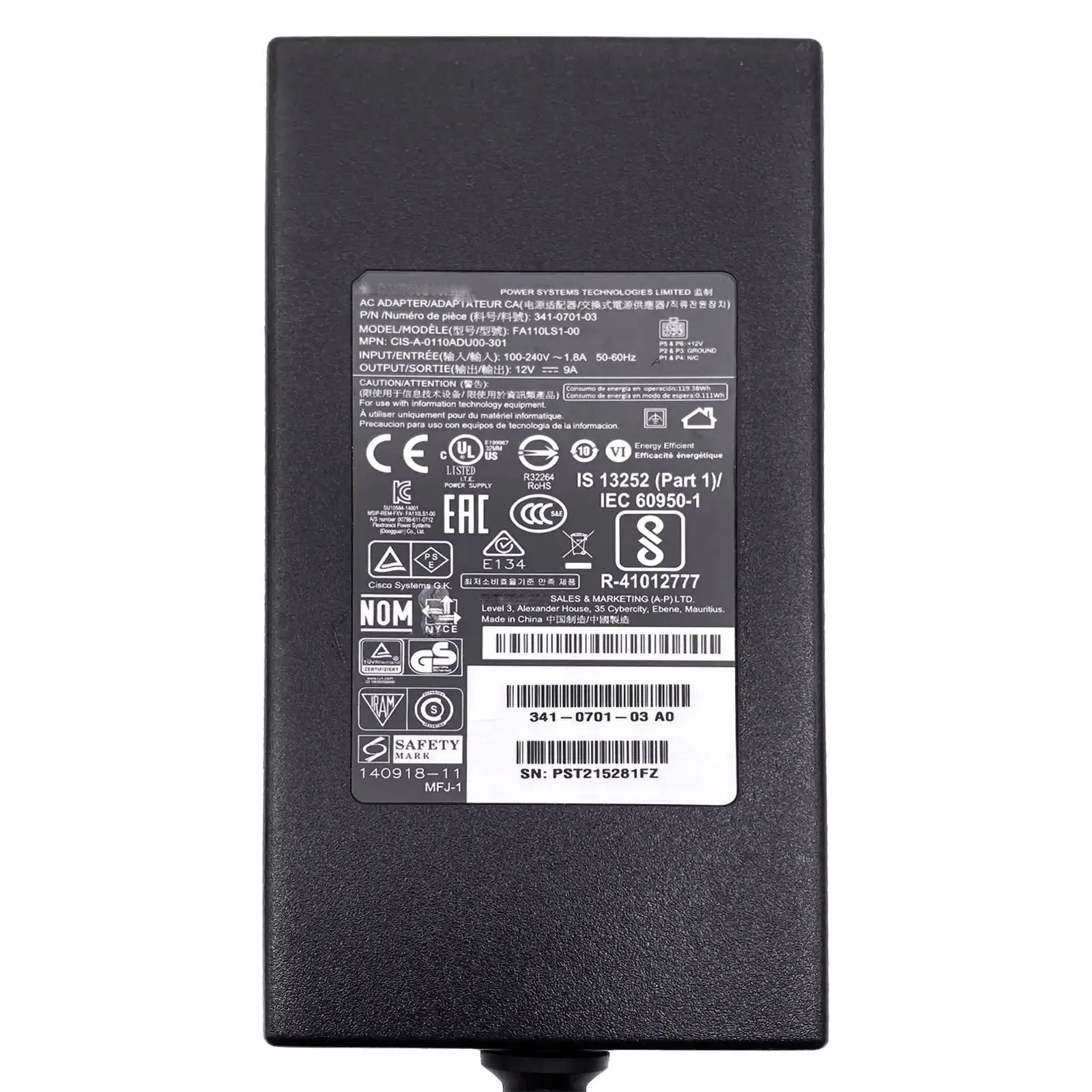 Replacement FA110LS1-00 12V 9A 108W AC Adapter Charger For Cisco Router 4320 ISR4321 ISR 4321 341-0701-01 Power Supply