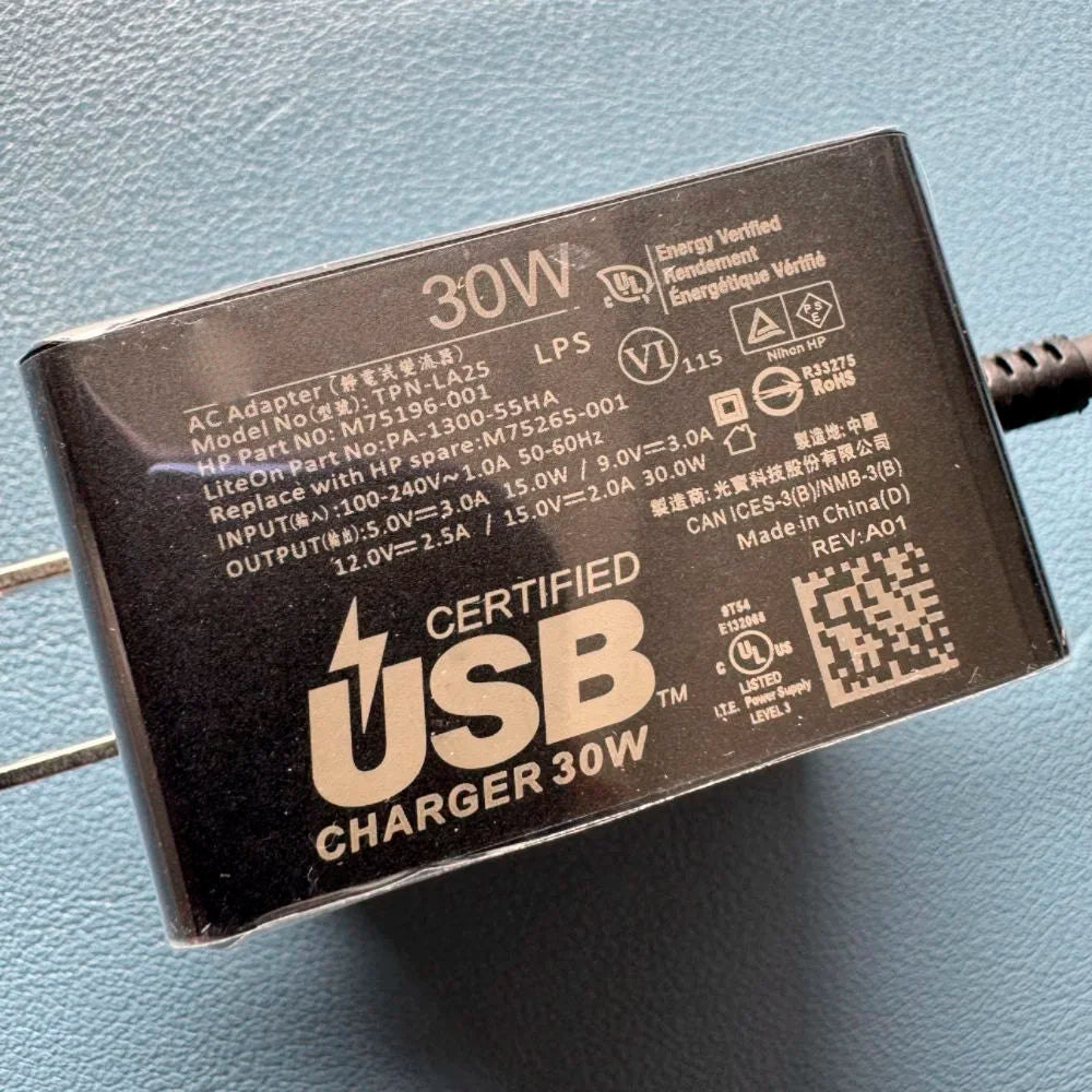 Original AC Adapter Charger TPN-LA25 M75196-001 M75265-001 15V 2A USB-C Type C 30W For HP Laptop Power Supply