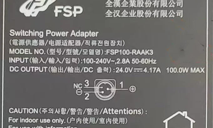 Genuine FSP FSP100-RAAK3 Switching Power Adapter Charger 24V 4.17A 100W 3-PIN Plug Power Supply