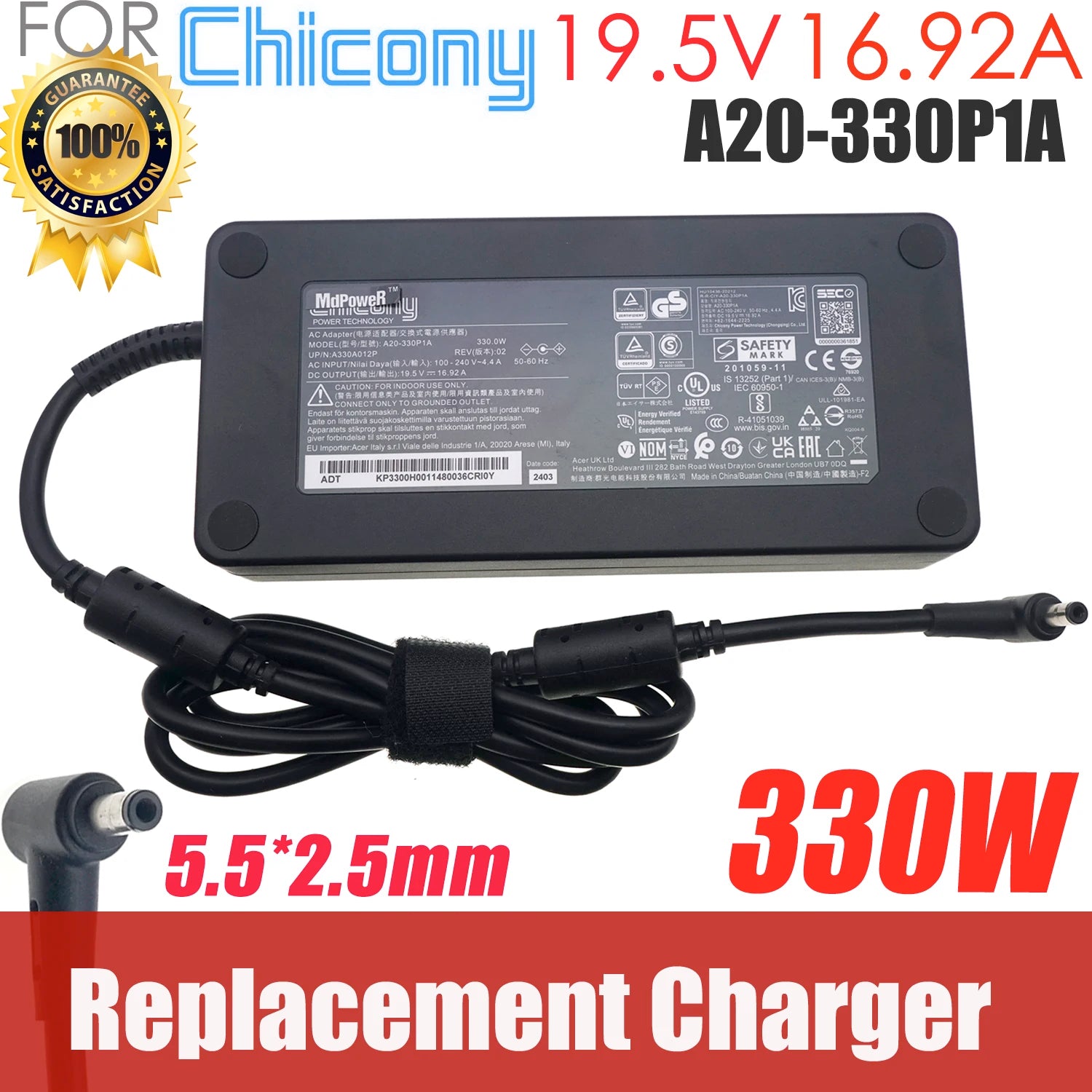 330W Charger AC Adapter A20-330P1A for MSI X8ti X10ti ZX9 TX9 ZX10 X170K Laptop Power Supply ADP-330AB 19.5V 16.92A  5.5*2.5mm