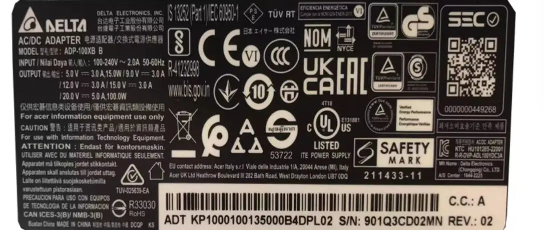 Genuine DELTA ADP-100XB B 20V 5A 100W USB-C TYPE-C AC Adapter For ACER Laptop Power Supply Charger Original