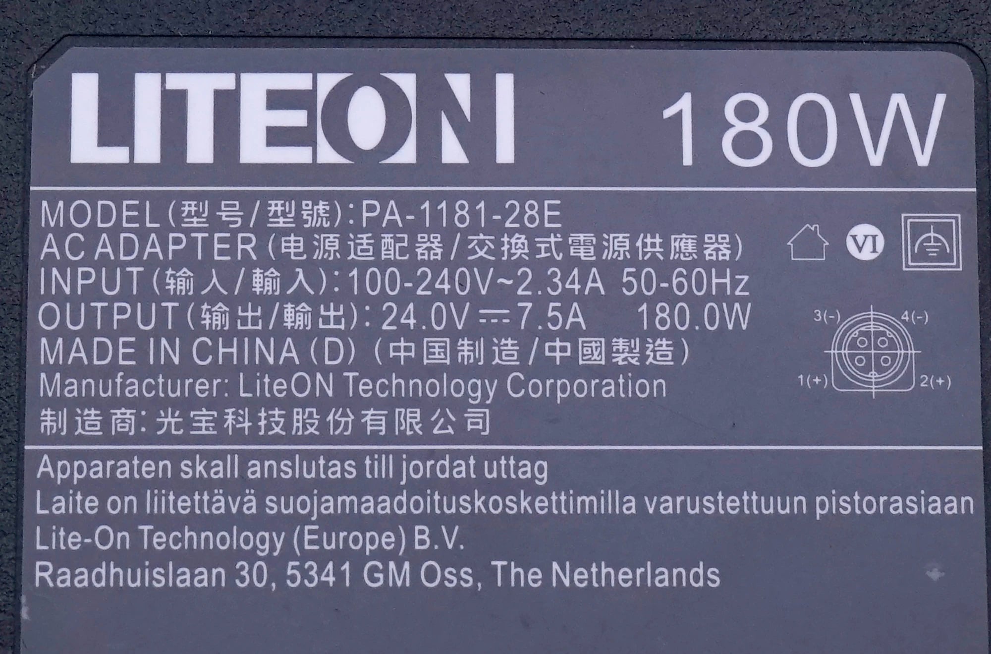 Genuine PA-1181-28E FOR LITEON AC Adapter 24V 7.5A 180W Power Supply charger 4PIN connector