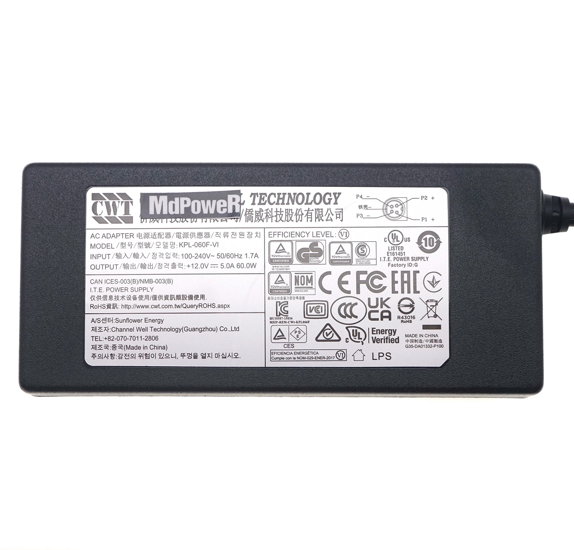 Genuine CWT KPL-060F KPL-060F-VI 12V 5A 4PIN 60W AC Adapter Charger For HIKVISION 7816HW 7808HW Monitor Display Power Supply