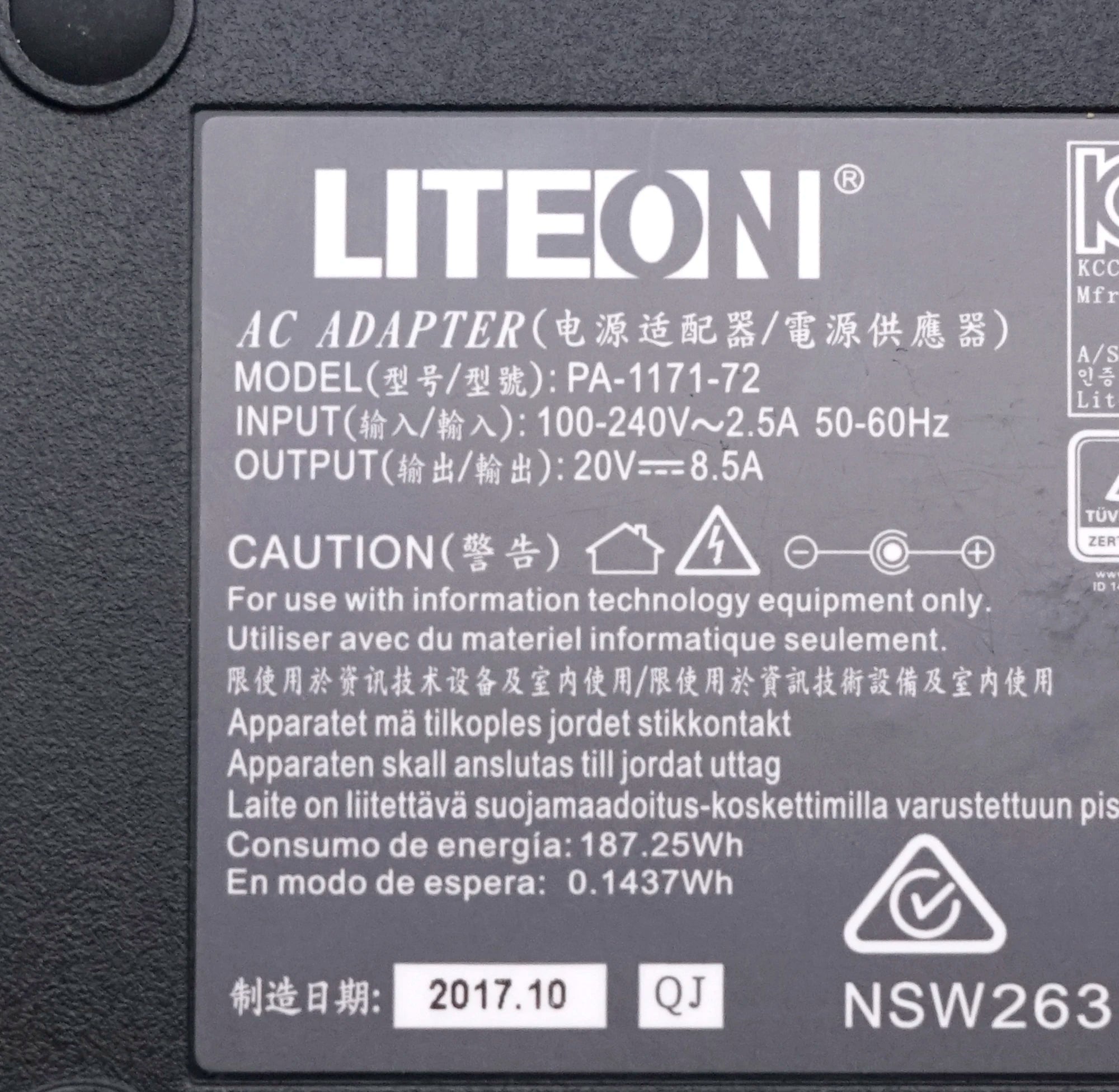 Original Liteon 20V 8.5A PA-1171-72 Adapter for Elgato USB-C Docking Station 20DAA9901 wPC 7.4x5.0mm Laptop Power Supply