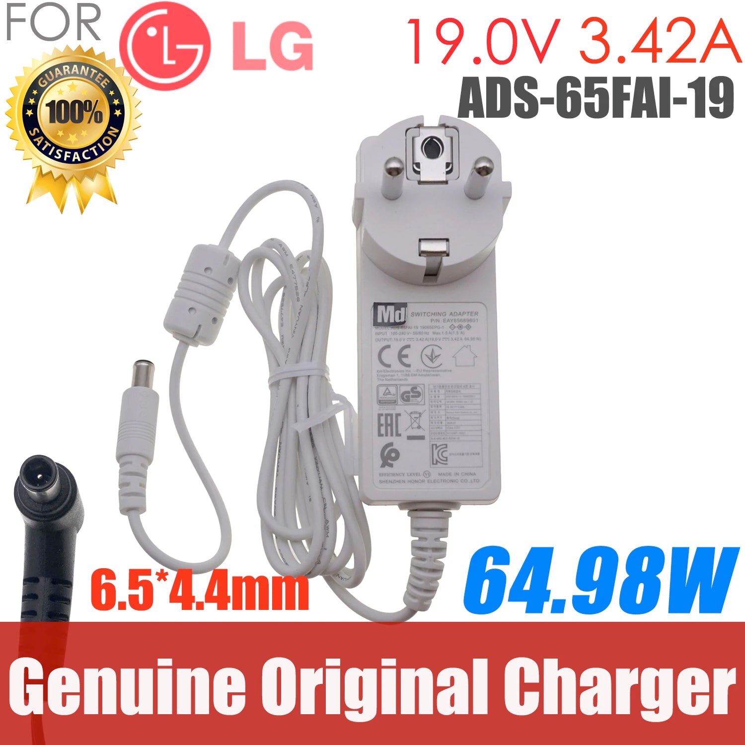 Original Genuine 65W 19V 3.42A FOR LG Chromebase Monitor 43MU79 34UM64 34UM69G-B Charger AC Adapter Power Supply ADS-65FAI-19