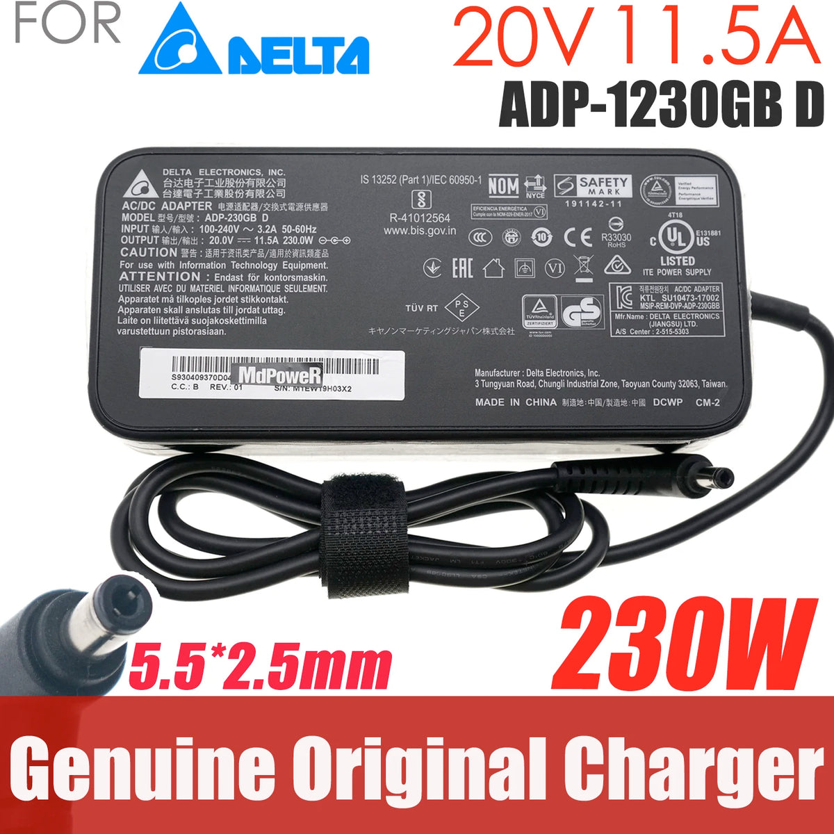 Original Delta ADP-230GB D 230W 20V 11.5A AC Adapter Charger for MSI WS66 11UMT-220GS66 GS75 GS66 10UE-280CA STEALTH Laptop