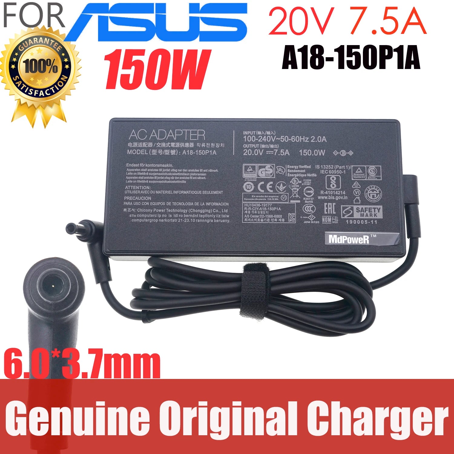 20V 7.5A 150W FOR Asus Laptop AC Adapter 6.0*3.7mm ADP-150CH B A18-150P1A Charger FX505 FX505D FX505DU FX505DT FX95G/D FX95GT