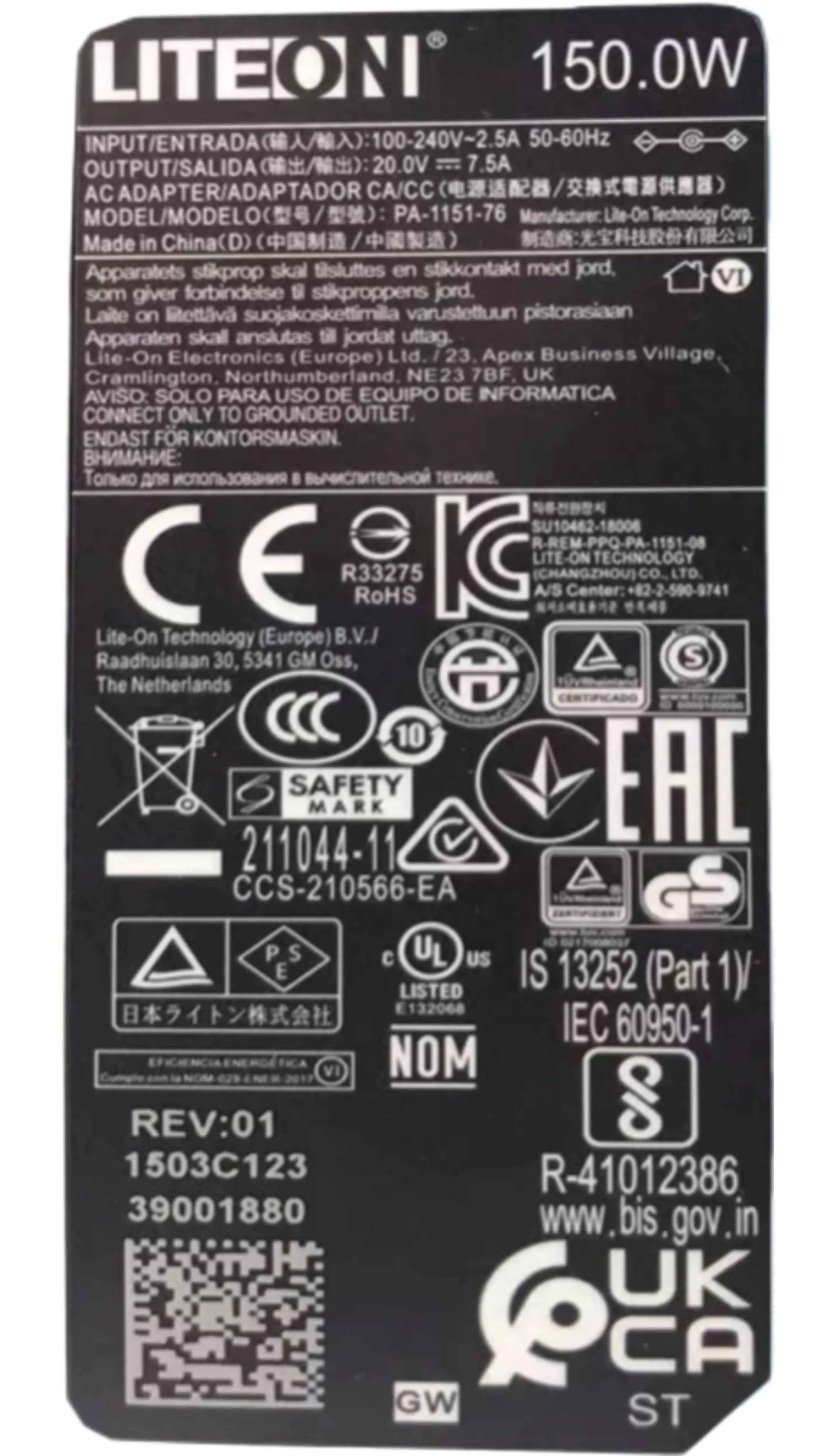Original LITEON 20V 7.5A Laptop AC Adapter PA-1151-76 150W Charger  Power Supply 7.4x5.0mm Genuine