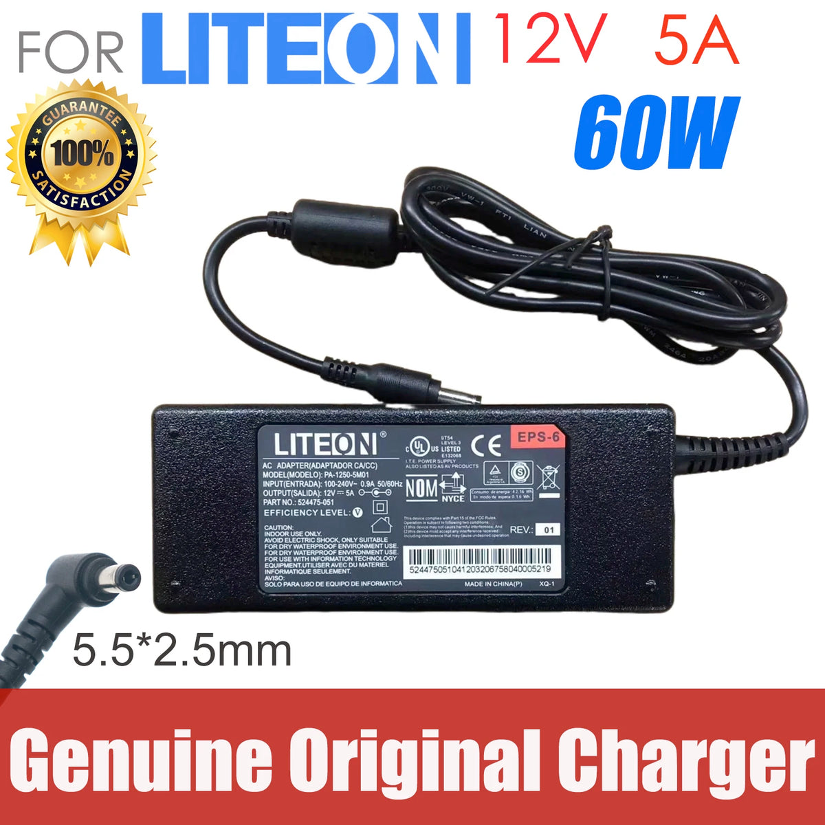 Liteon PA-1061-81 PA-1061-0 12V 5A 60W 5.5*2.5mm AC Adapter Charger Power Supply