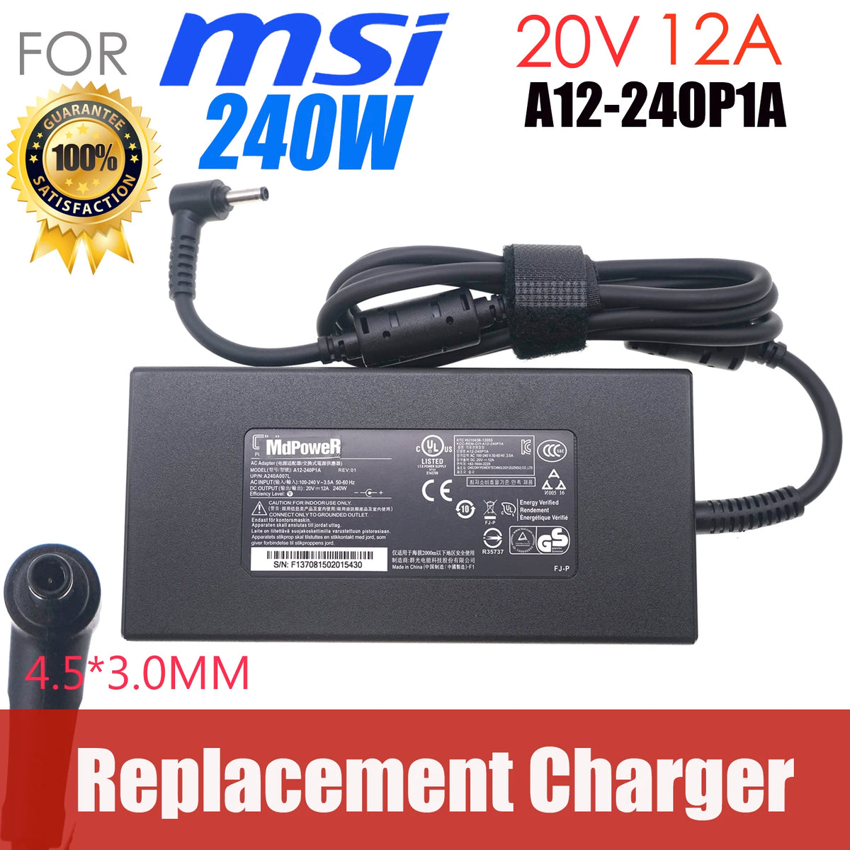 Chicony 20V 12A 240W AC Adapter A20-240P2A for MSI Gaming Laptop Katana GF76 12UG 12UGS 12UGK MS-17L3 GF66 12UE-077 Power supply
