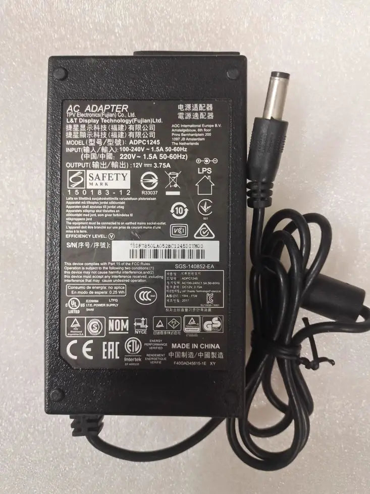Original 12V 3.75A 45W AC DC Adapter ADPC1245 ADPC12416AB Charger For AOC/ PHILIPS 239C4Q E2271HDS LCD LED Monitor Power Supply
