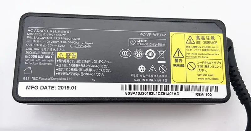 For NEC HZ550 HZ650 HZ750 Laptop Genuine AC Adapter Charger 20V 3.25A 65W ADP-65FD E OP-520-76428 PA-1650-37N PC-VP-BP103
