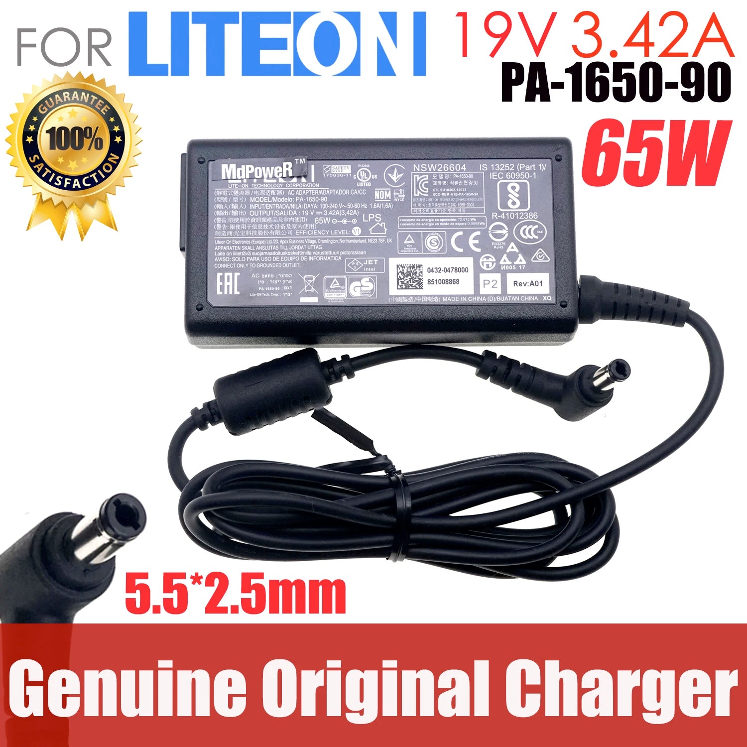 Genuine 19V 3.42A 65W 5.5x2.5mm LITEON PA-1650-90 A11-065N1A AC Adapter For GATEWAY 4028GZ 4010JP M255 CX2620h Laptop Charger