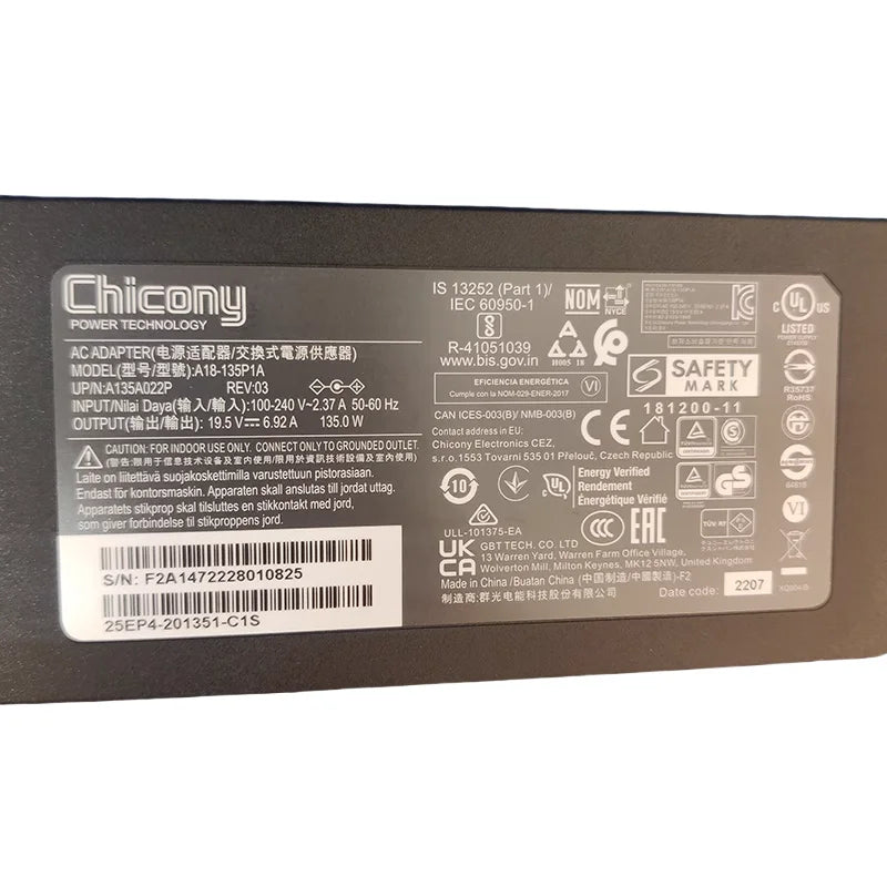 Genuine Chicony 19.5V 6.92A 135W A18-135P1A A16-135P1B AC Adapter Charger For MSI GF62 8RC-030UK Laptop 5.5mm*2.5mm A135A007P