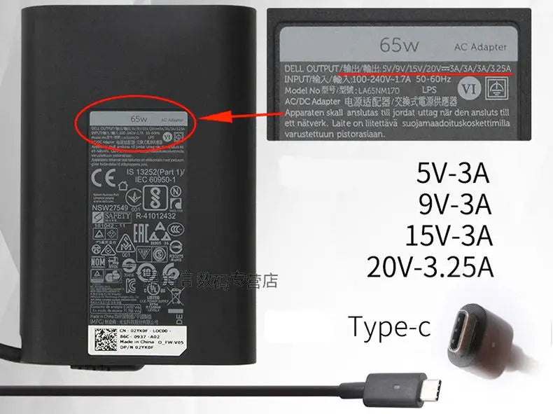 Original DA65NM190 20V 3.25A 65W USB-C  Type C AC Adapter Charger for Dell Chromebook 3100 3300 3500 5190 Power Supply LA65NM170