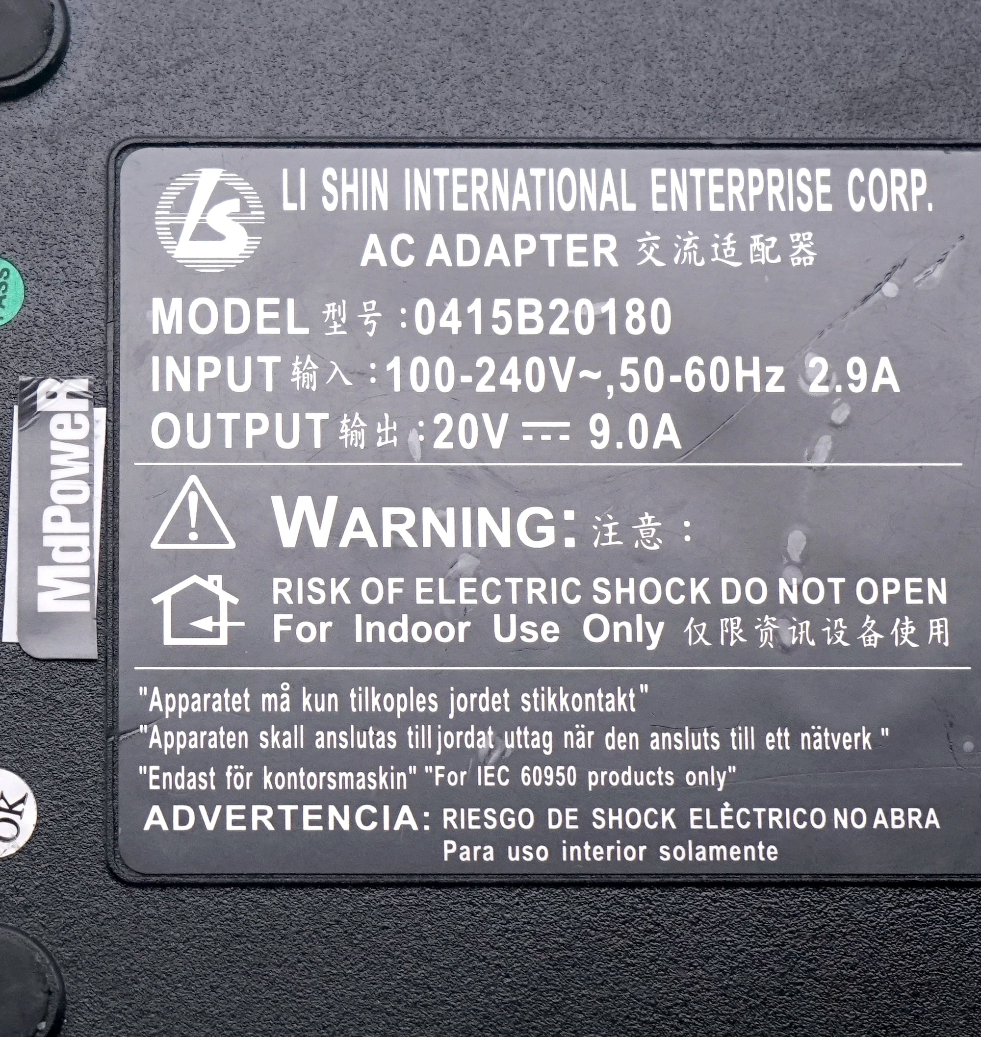 Genuine for AC Adapter LI SHIN 0415B20180 20V 9A 180W for CLEVO D-9T D-900 D9K D900T D90T D900F NB9280 NP9880 M590KE 4PIN