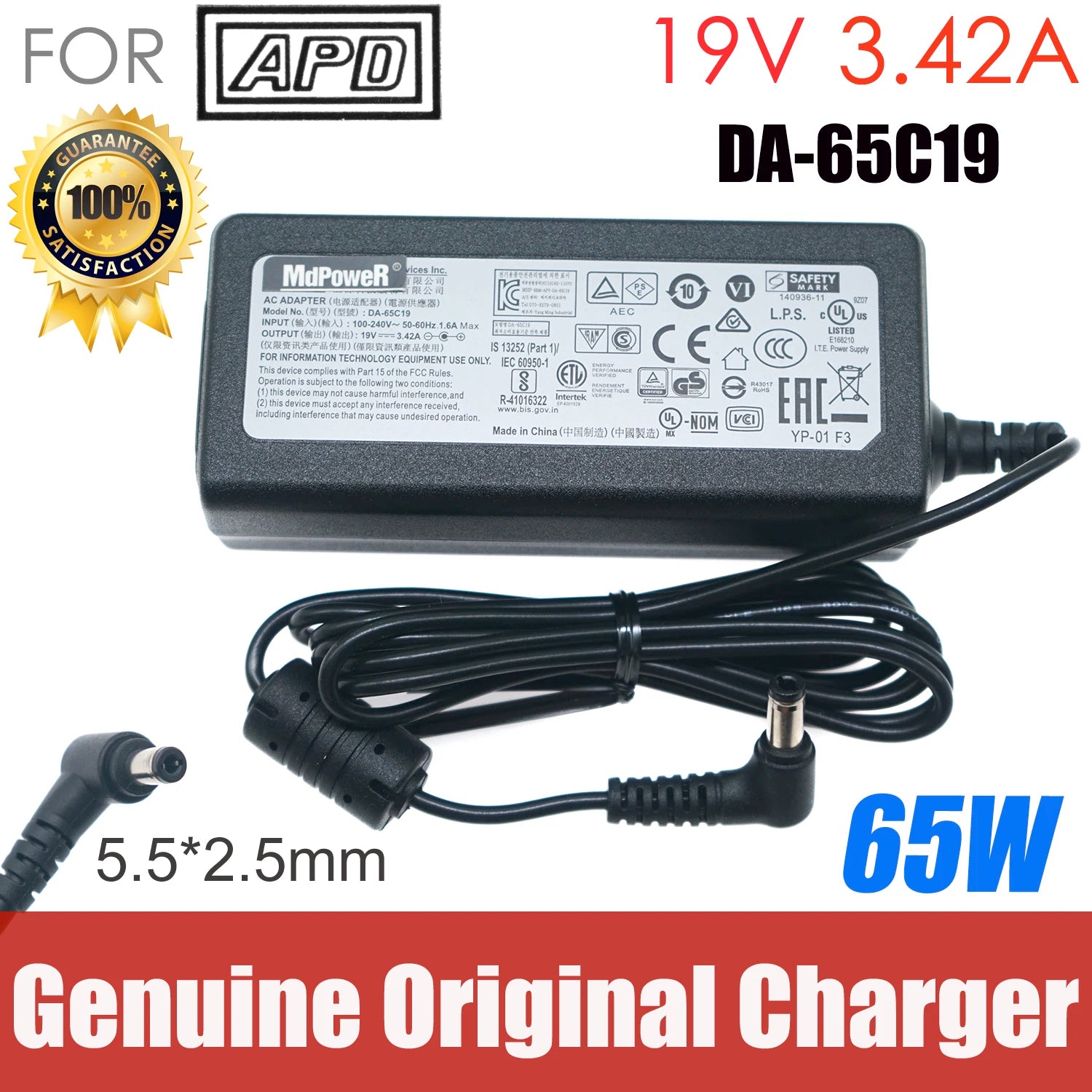 Genuine APD NB-65B19 19V 3.42A 65W AC Adapter Charger for Intel NUC NUC7JY BOXNUC7CJYH Power Supply DA-65A19 DA-65C19