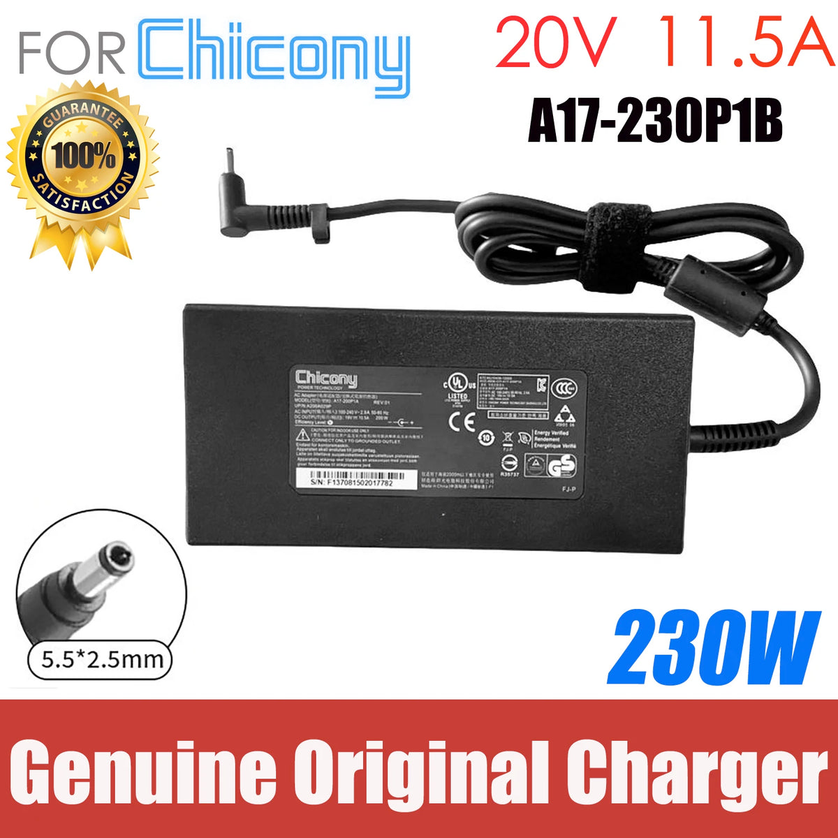 Chicony A17-230P1B 230W 20V 11.5A AC Power Adapter Charger For Schenker XMG NEO 15-E21 Gaming Laptop XOTIC G70PNP Clevo PD70PNP