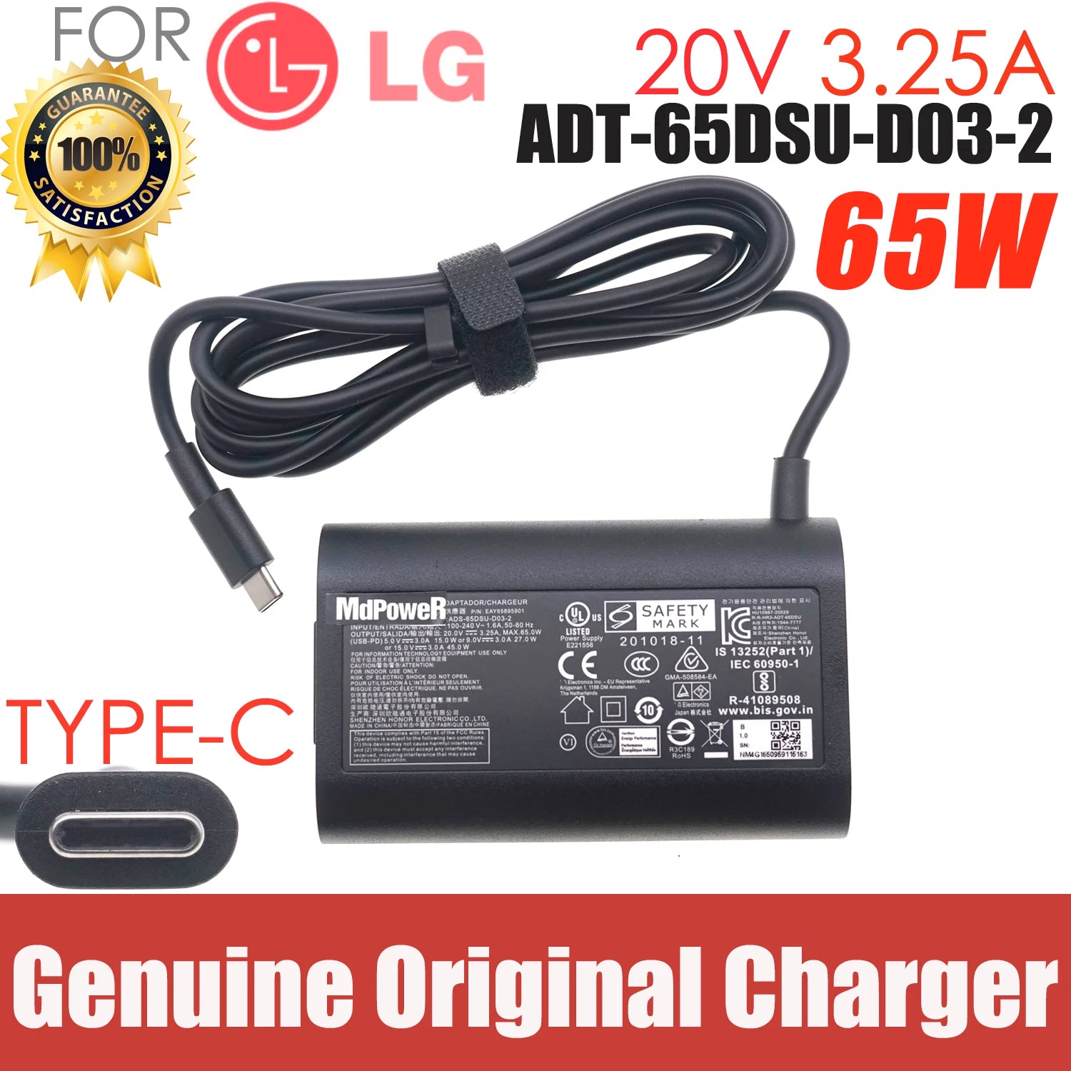 Original 65W USB-C 20V 3.25A AC/DC Adapter for LG gram 15Z90Q 16Z90Q 17Z90Q 16Z95PD 17Z90P-K.ADC9U1 AADT-65DSU-D03-2 Charger