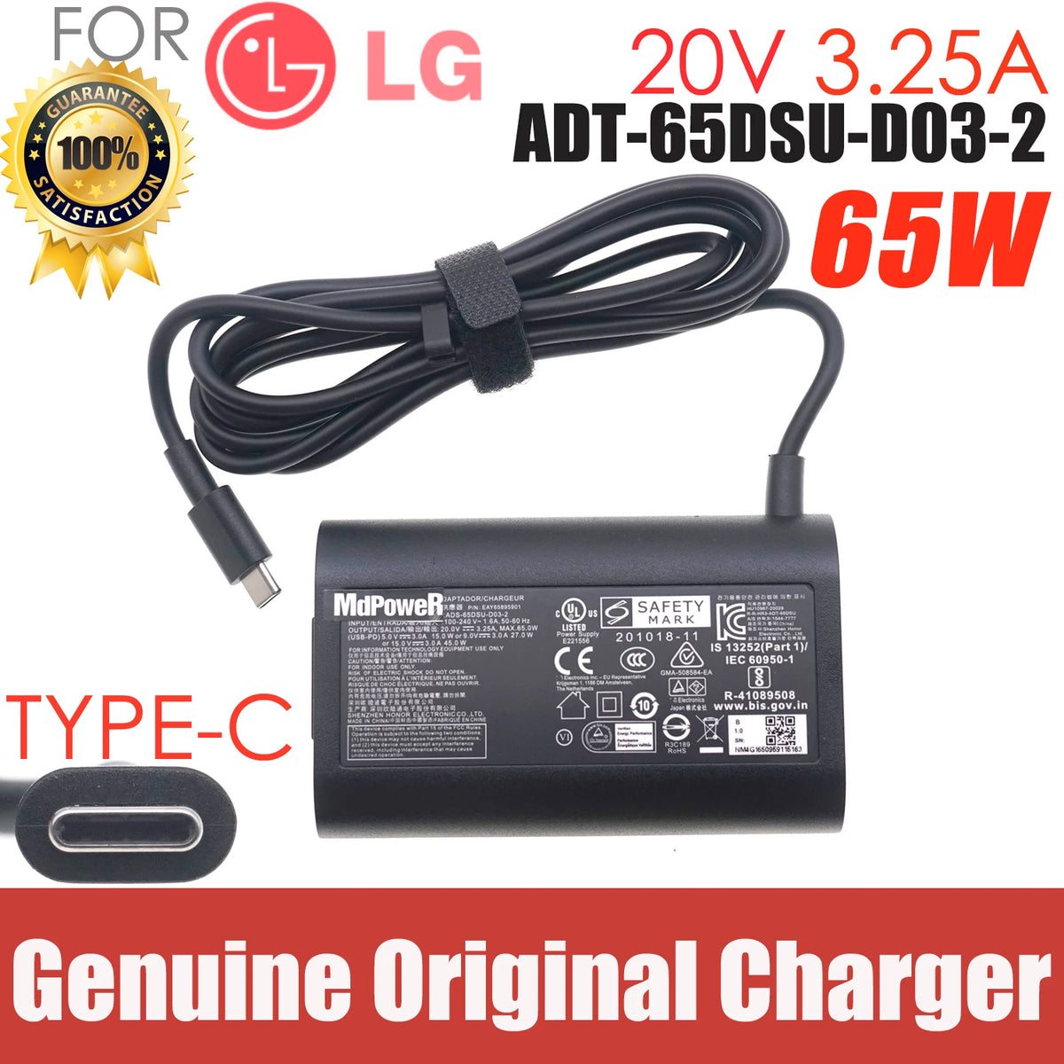 Original 65W USB-C 20V 3.25A AC/DC Adapter for LG gram 15Z90Q 16Z90Q 17Z90Q 16Z95PD 17Z90P-K.ADC9U1 AADT-65DSU-D03-2 Charger