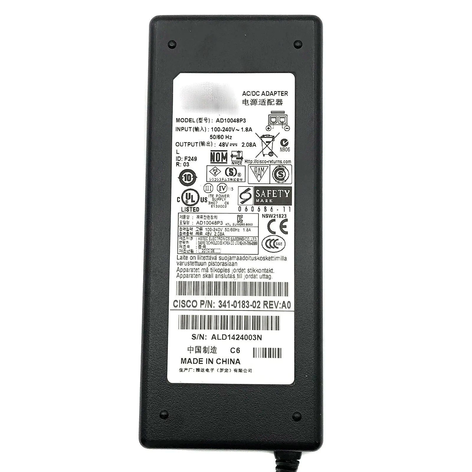 Used Genuine AD10048P3 48V 2.08A AC Adapter Charger For CISCO ASA5505 Wlc2106 Wlc2112 Firewall Power Supply 341-0183-PWR-5505
