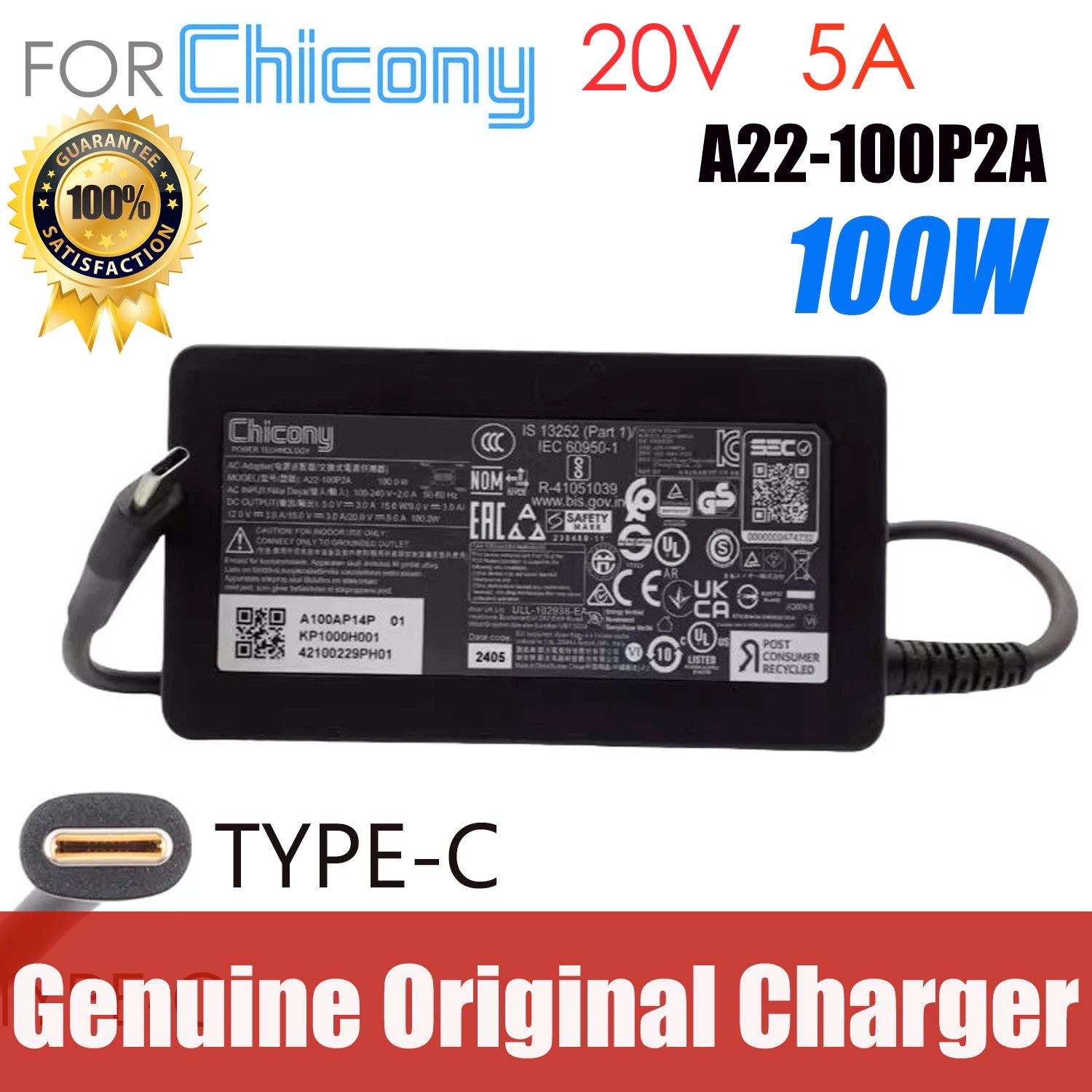Genuine Chicony A22-100P2A 20V 5A 100W TYPE-C USB-C A100AP14P AC Adapter For Laptop Power Supply Charger