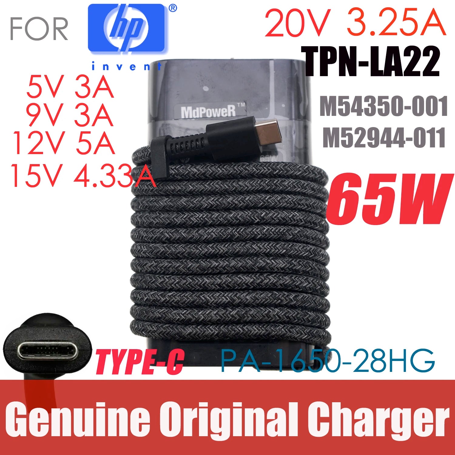 Genuine 65W USB Type C TPN-LA12 Laptop Adapter Charger for HP ELITEBOOK X360 1040 G6 G7 G8  830 G5/3WQ17EC M54350-001 TPN-LA22