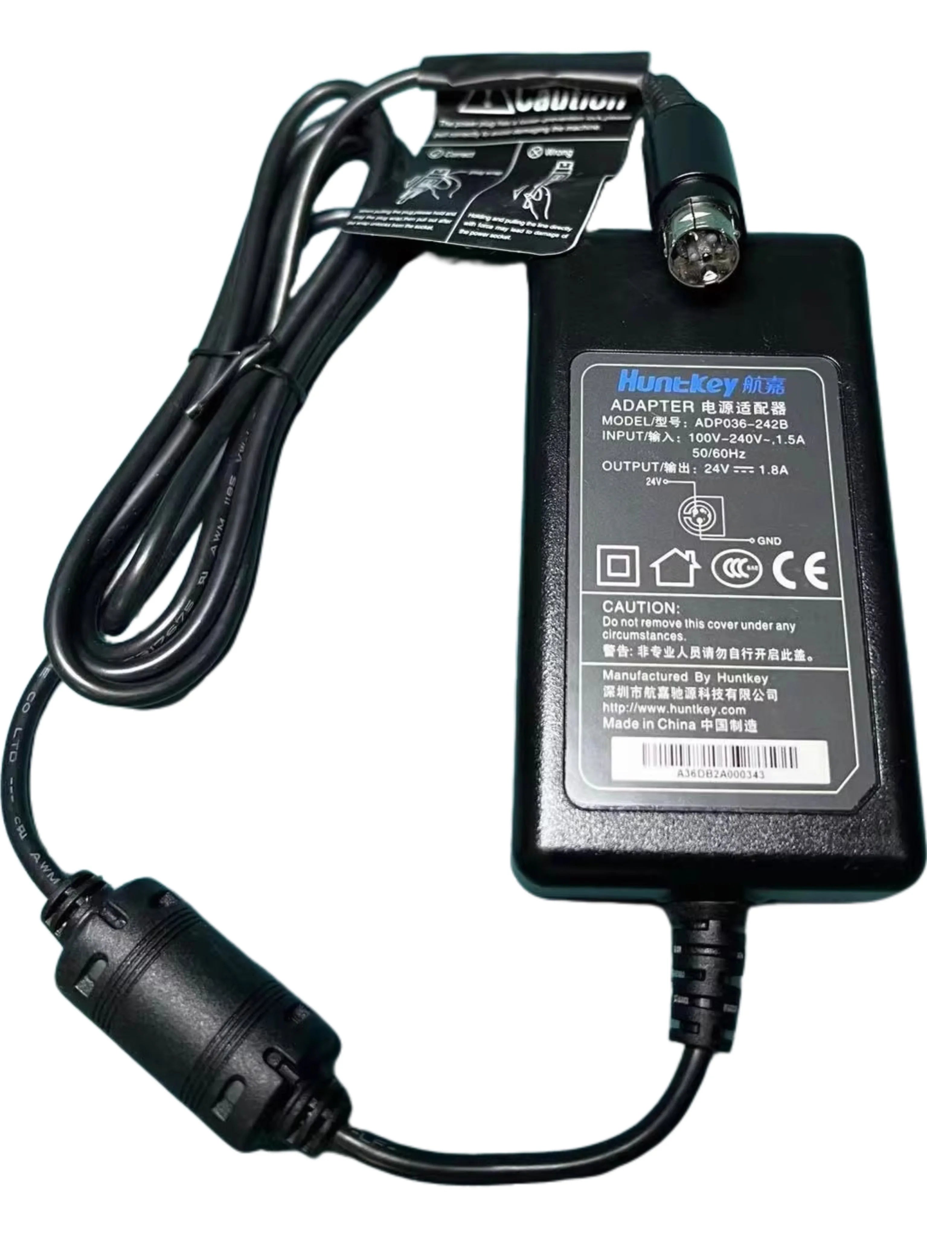 Genuine HUNTKEY ADP036-242B  24V 1.8A 3 PIN AC Adapter Charger For Printer POS Power Supply