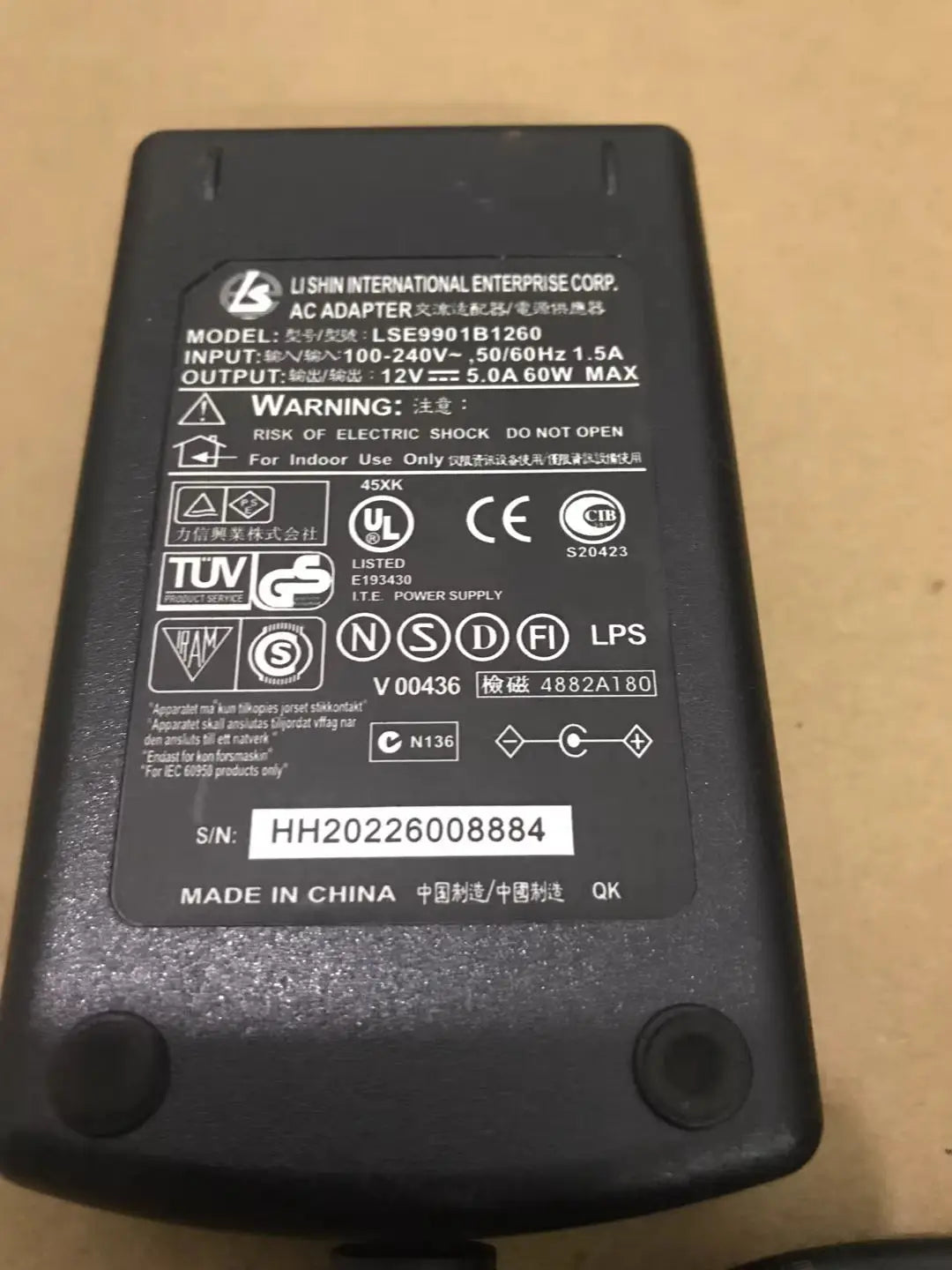 LS LI SHIN LSE9901B1260 12V 5A Original AC Adapter Charger 60W LCD Monitor Power Supply