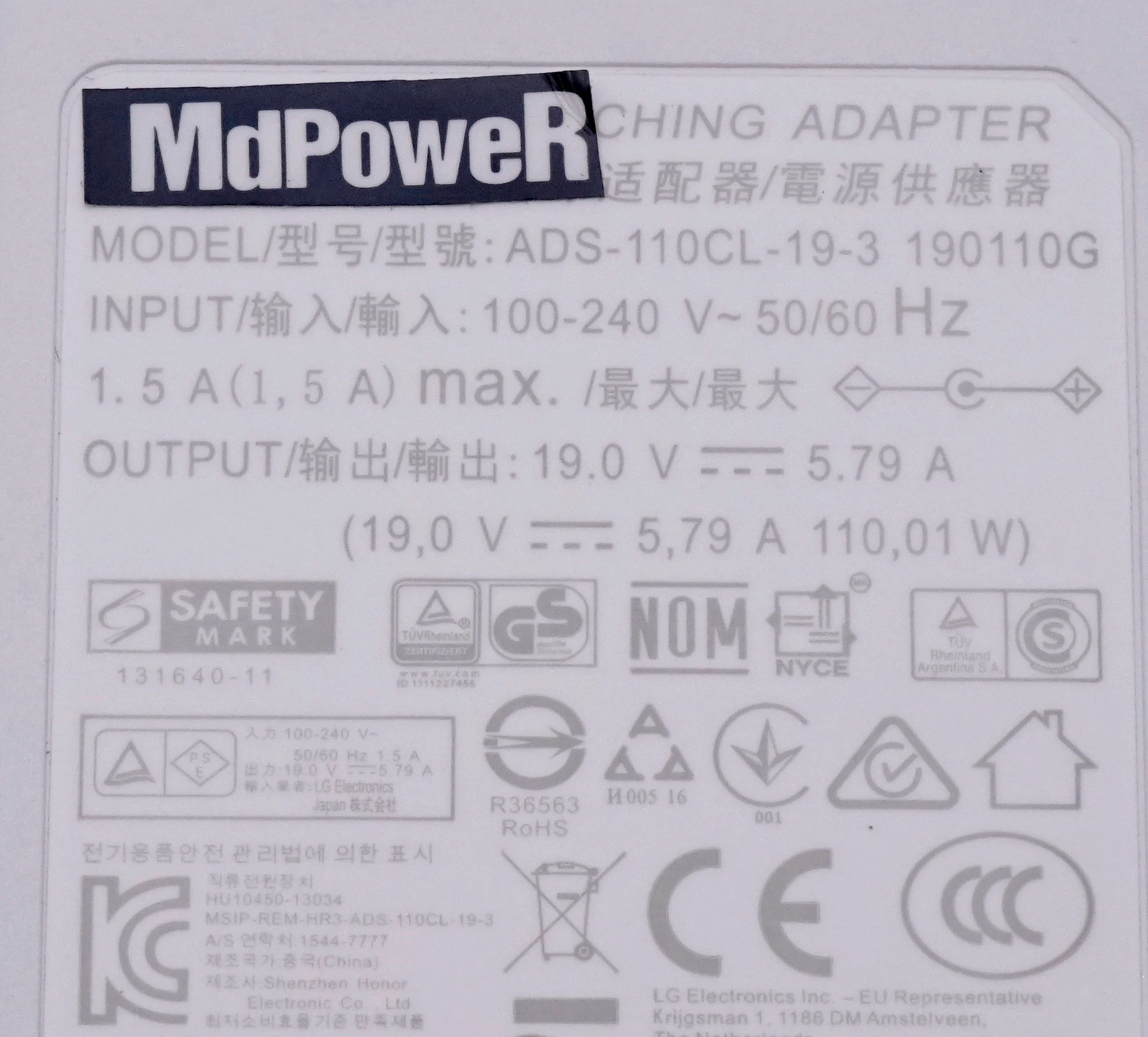 ADS-110CL-19A-3 Genuine 19V 5.79A 19.5V 5.65A Switching AC Adapter For LG 34UM95C 34UC98 PF1500G PROJECTOR BFP100-27 EAY63032202