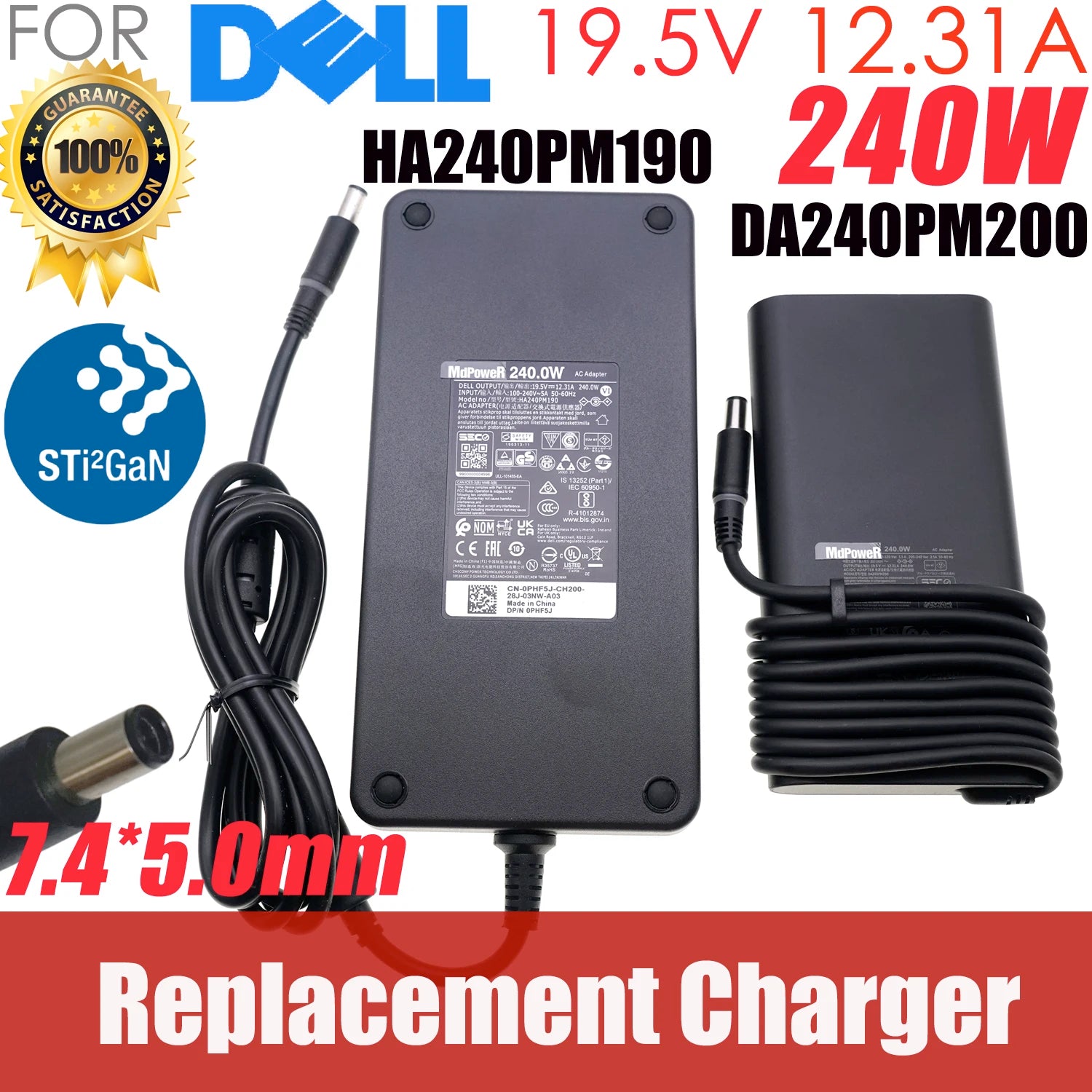 19.5V 12.31A 240W GaN Laptop AC Adapter Charger Gallium Nitride For Dell Alienware M15 R2 R3 R4 R5 R6 M17 DA240PM200 HA240PM190