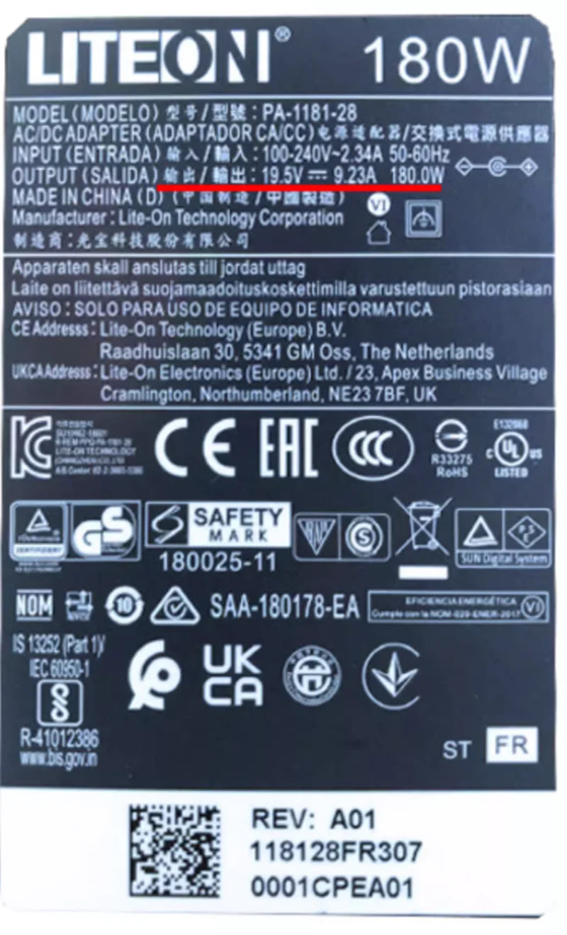 Genuinel LITEON 19.5V 9.23A PA-1181-28 Adapter Charger For HPE ProLiant MicroServer Gen10 Plus 180W 7.4*5.0mm Power Supply OEM