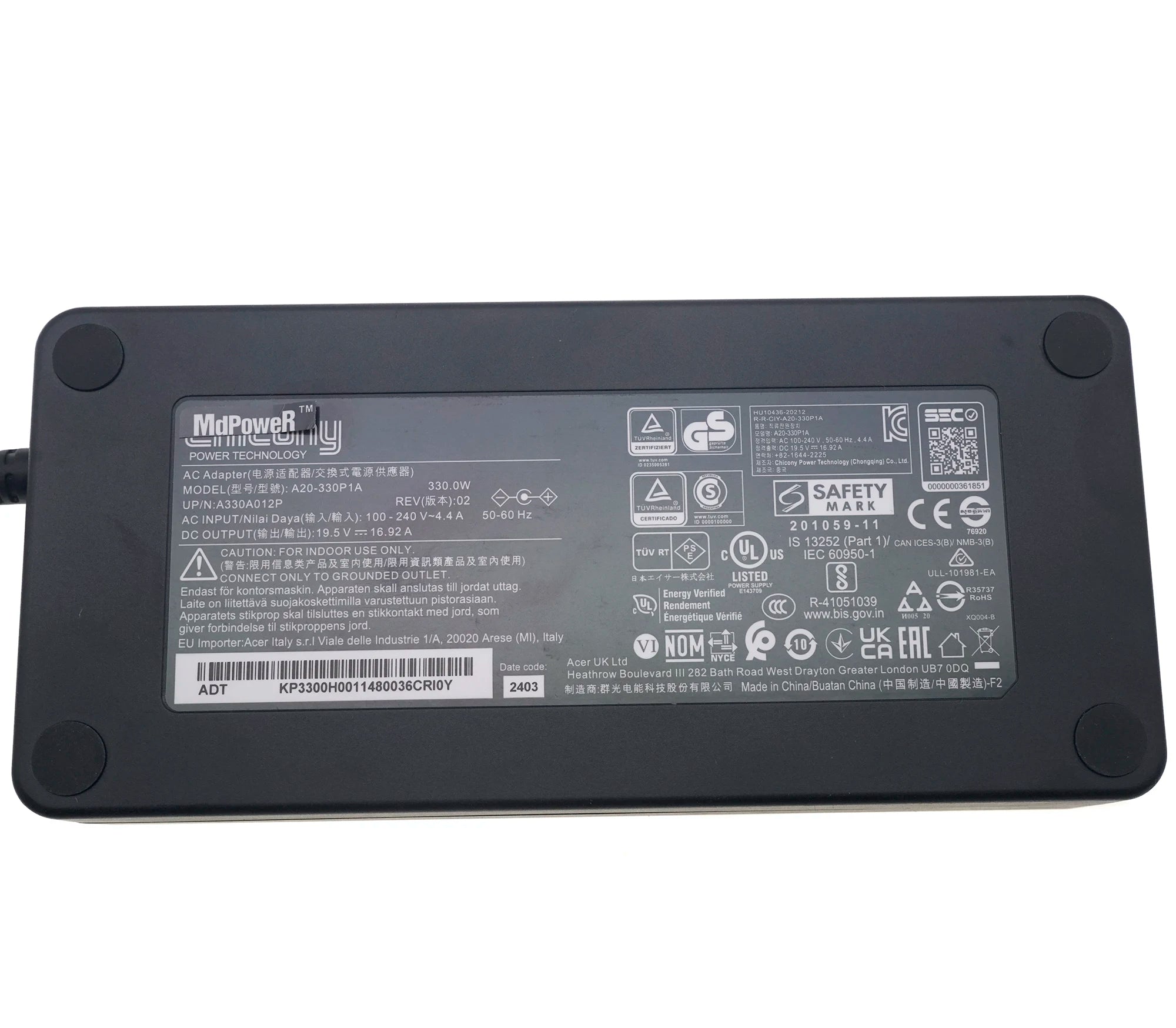 330W Charger AC Adapter A20-330P1A for MSI X8ti X10ti ZX9 TX9 ZX10 X170K Laptop Power Supply ADP-330AB 19.5V 16.92A  5.5*2.5mm