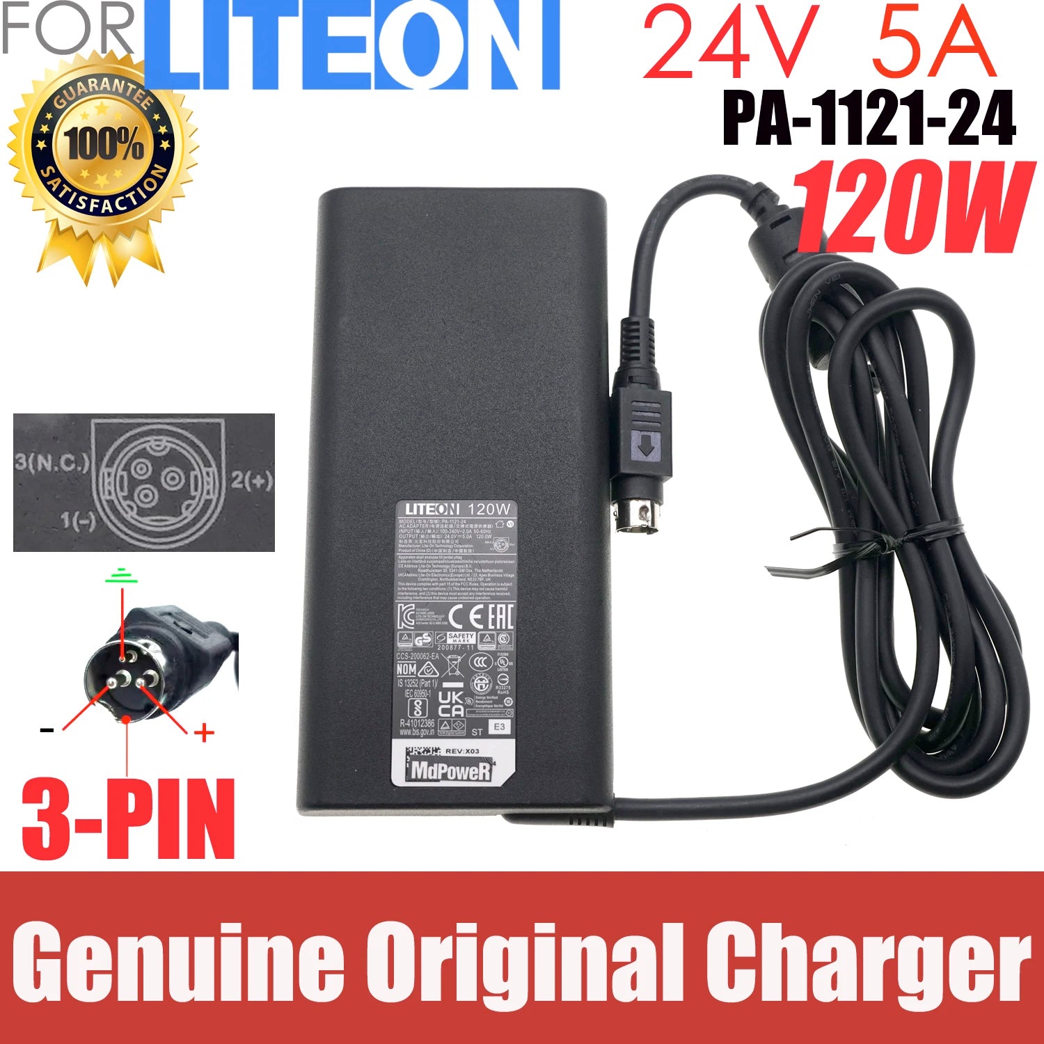 original LITEON PA-1121-24 24V 5A 120W AC Adapter Charger Power Supply 3 Pin ding plug