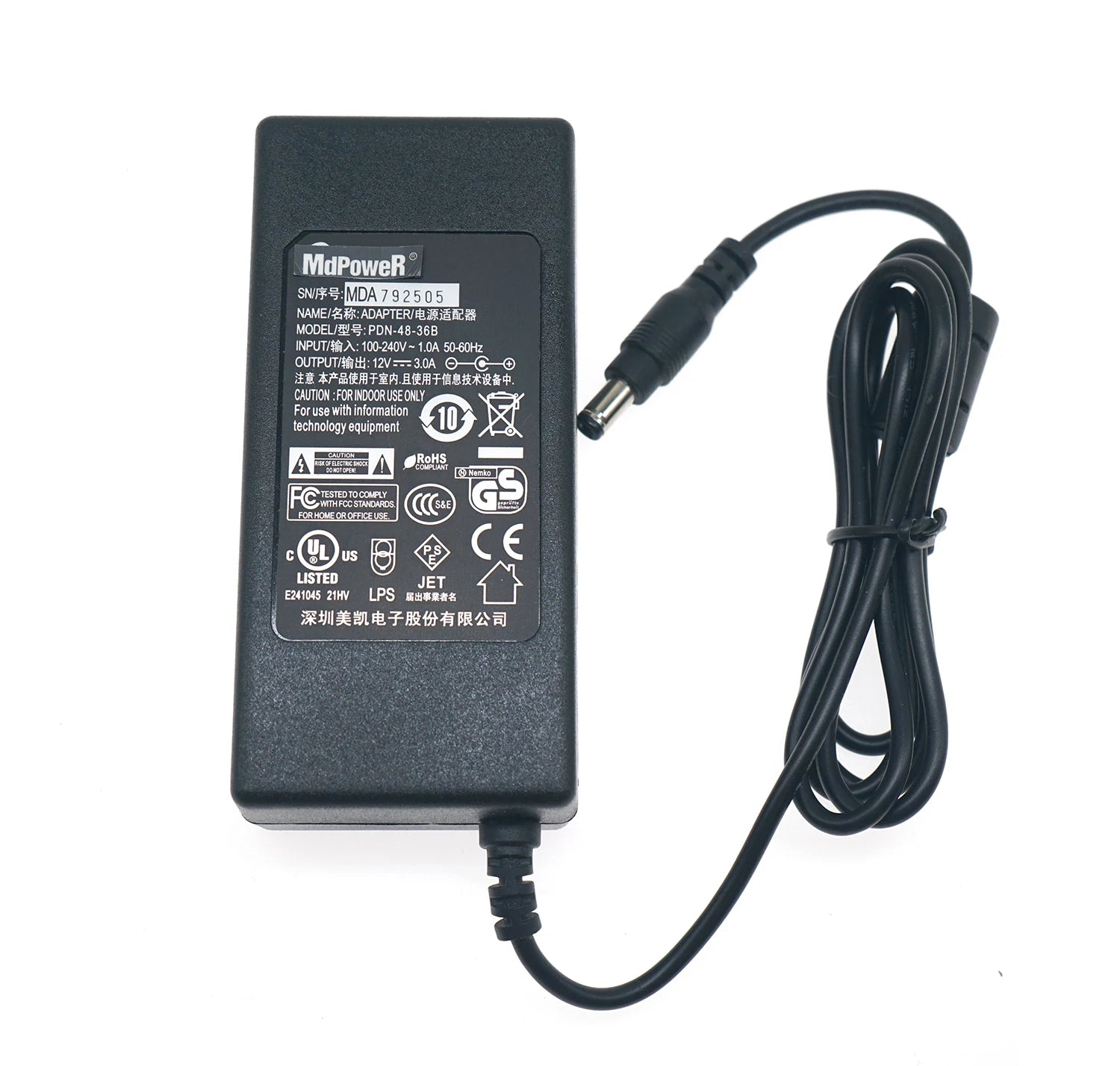 Genuine Meikai PDN-48-36B 12V 3A 36W 5.5*2.1mm 5.5*2.5mm AC Adapter Charger Power Supply