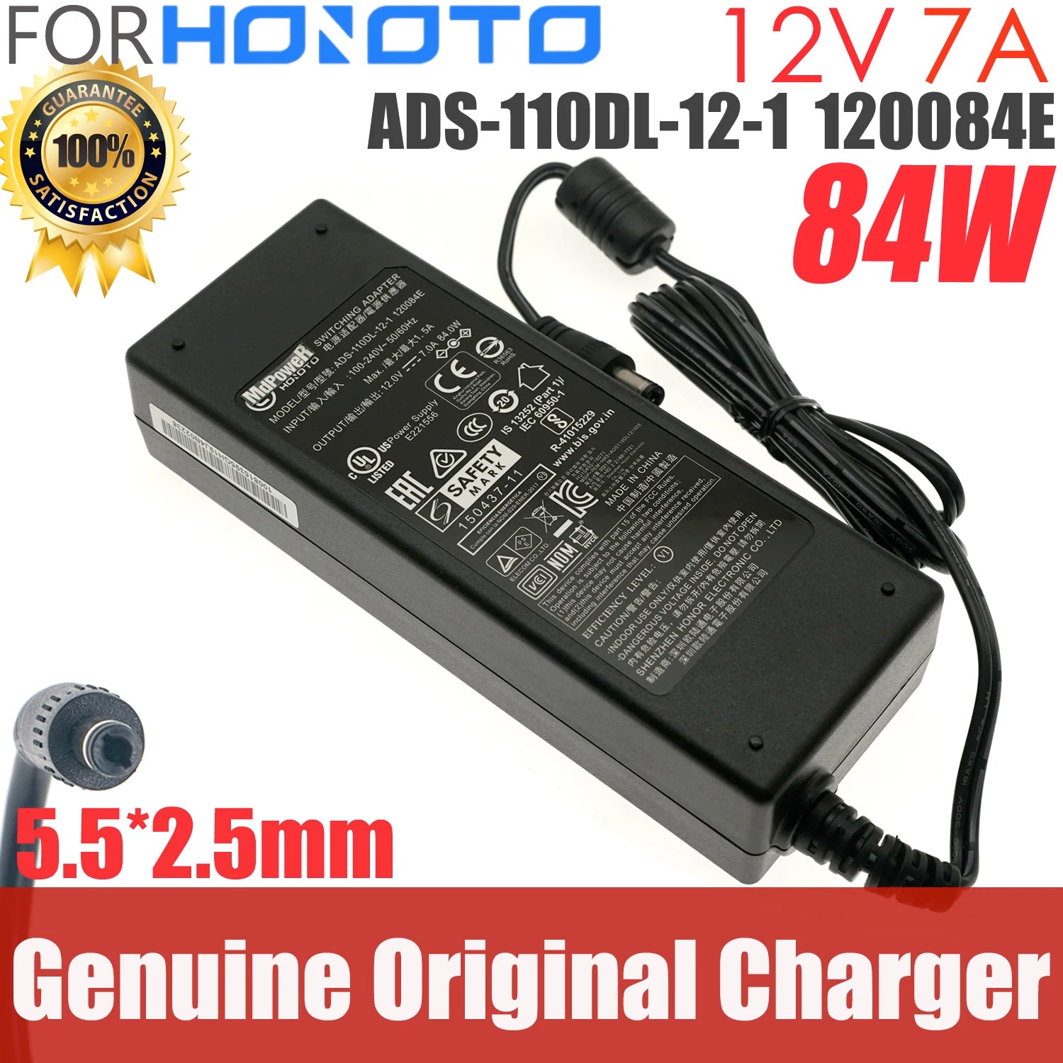 Genuine HONOTO Switching Adapter AC Charger ADS-110DL-12-1 120084E 12V 7A 84W  5.5x2.5mm For LaCie Power Supply Original
