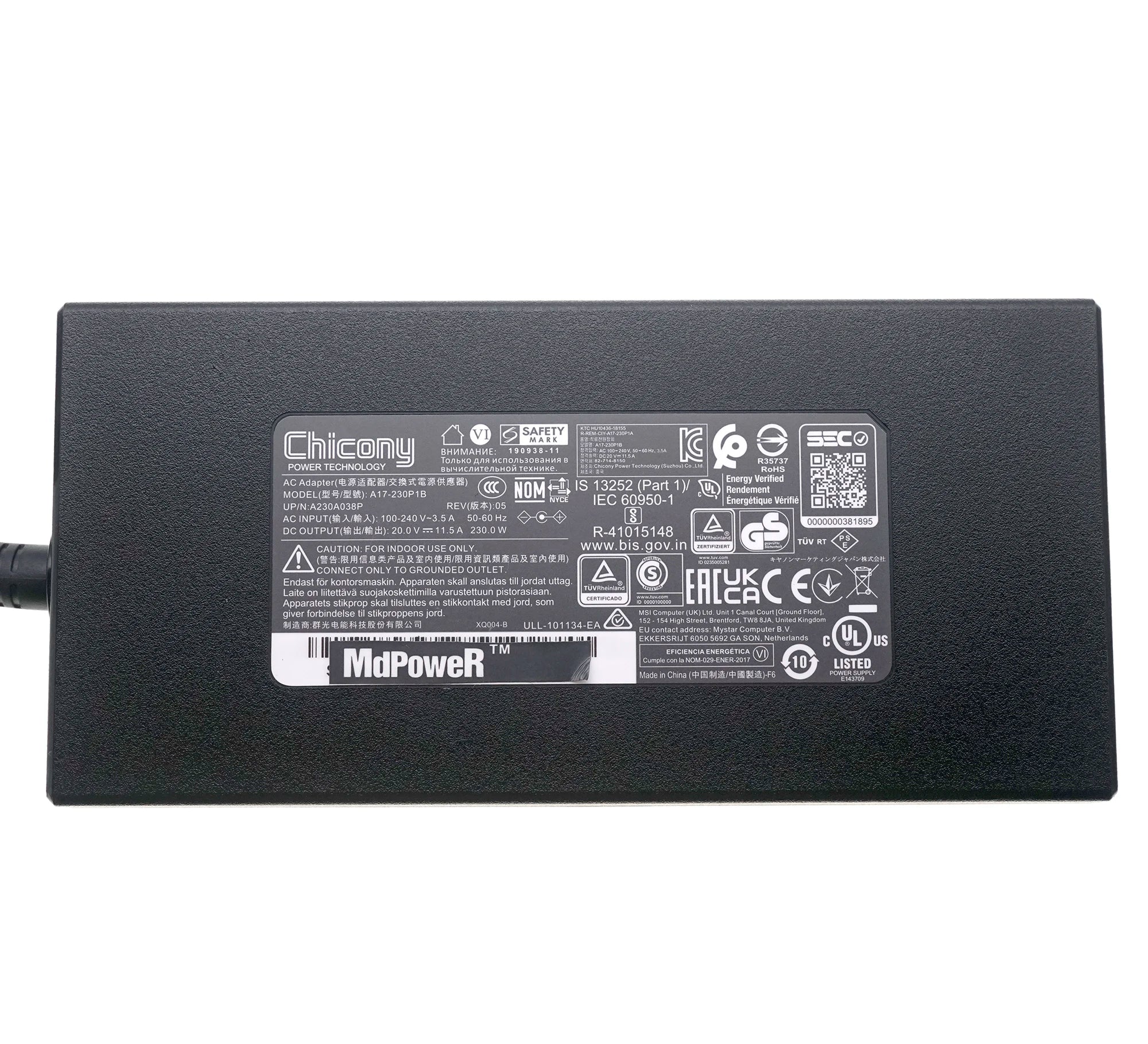 Genuine Chicony A17-230P1B 230W A230A038P AC Adapter Charger For MSI Creator 15 A10UH Laptop Power Supply 20V 11.5A 5.5x2.5mm