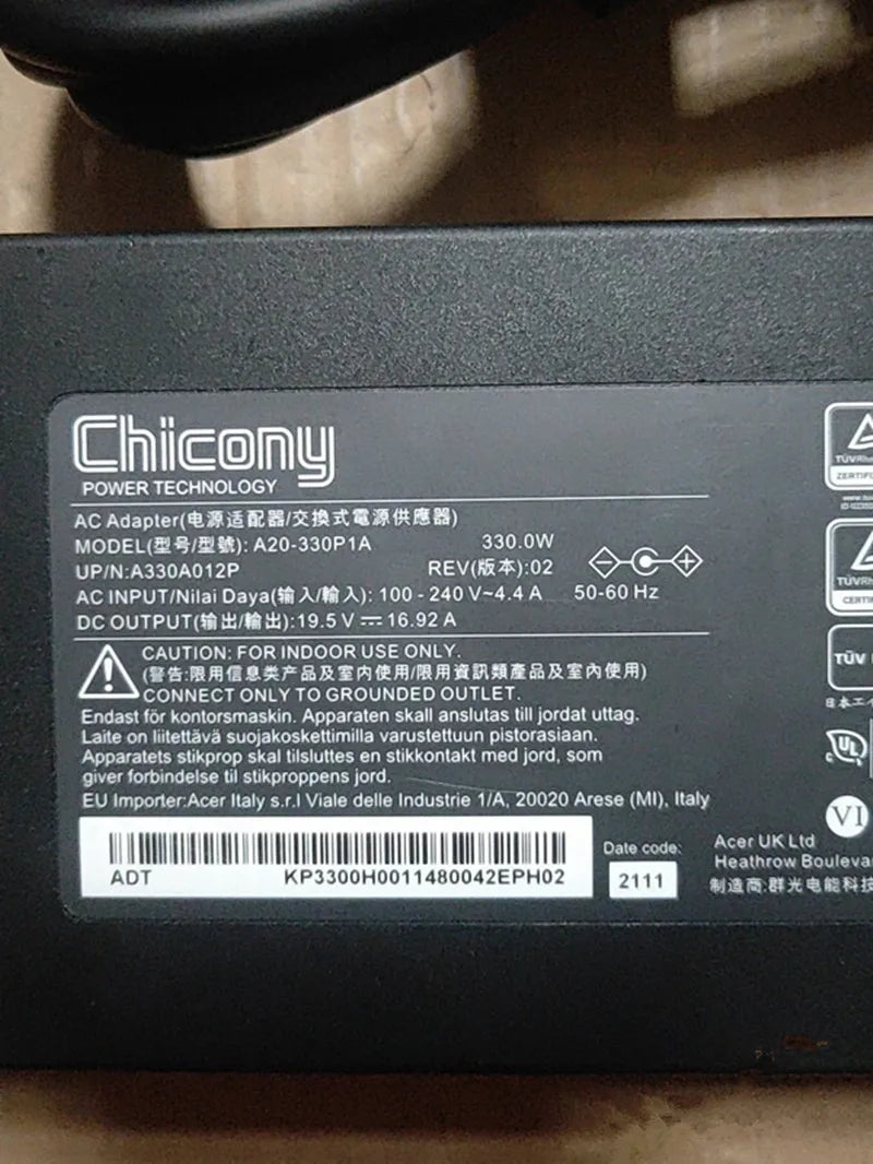 New Genuine Chicony A20-330P1A AC Adapter 19.5V 16.92A 330W Power Charger A330A012P for Acer PREDATOR HELIOS 300 PH317-55 Laptop