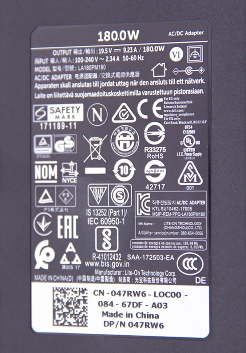 180W Laptop AC/DC Adapter Power Charger for Dell Inspiron One 2350 W07C002 Vostro 15-7580 LA180PM180 HA180PM180 FA180PM111