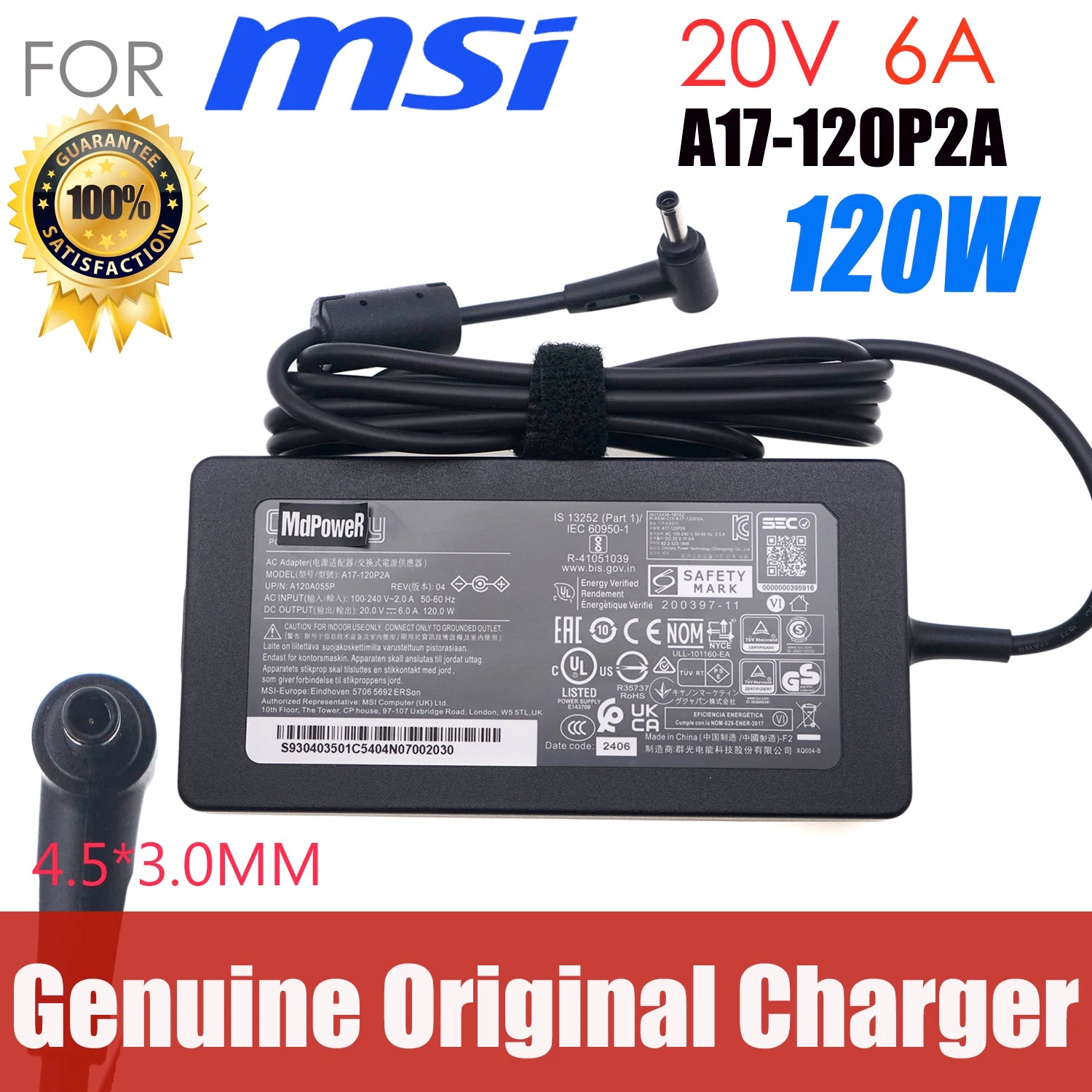 Chicony 20V 6A 120W Genuine AC Power Adapter Charger A17-120P2A For MSI GF63 Thin 11SC-430CA 10SC-222 10UC-440 270 Power Supply
