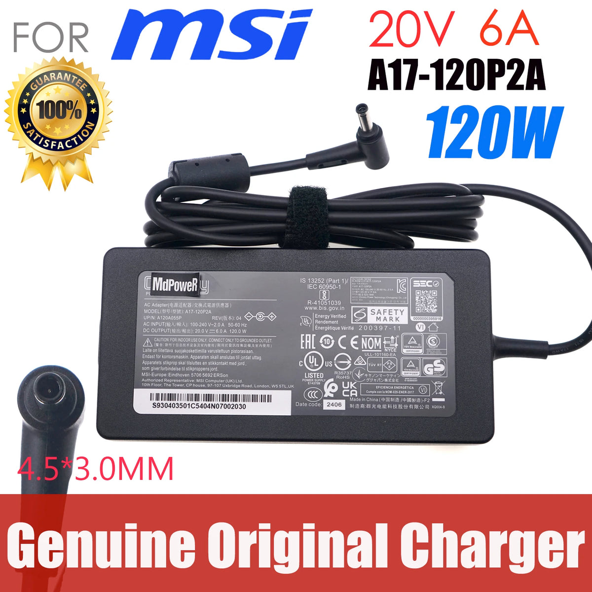 Chicony 20V 6A 120W Genuine AC Power Adapter Charger A17-120P2A For MSI GF63 Thin 11SC-430CA 10SC-222 10UC-440 270 Power Supply