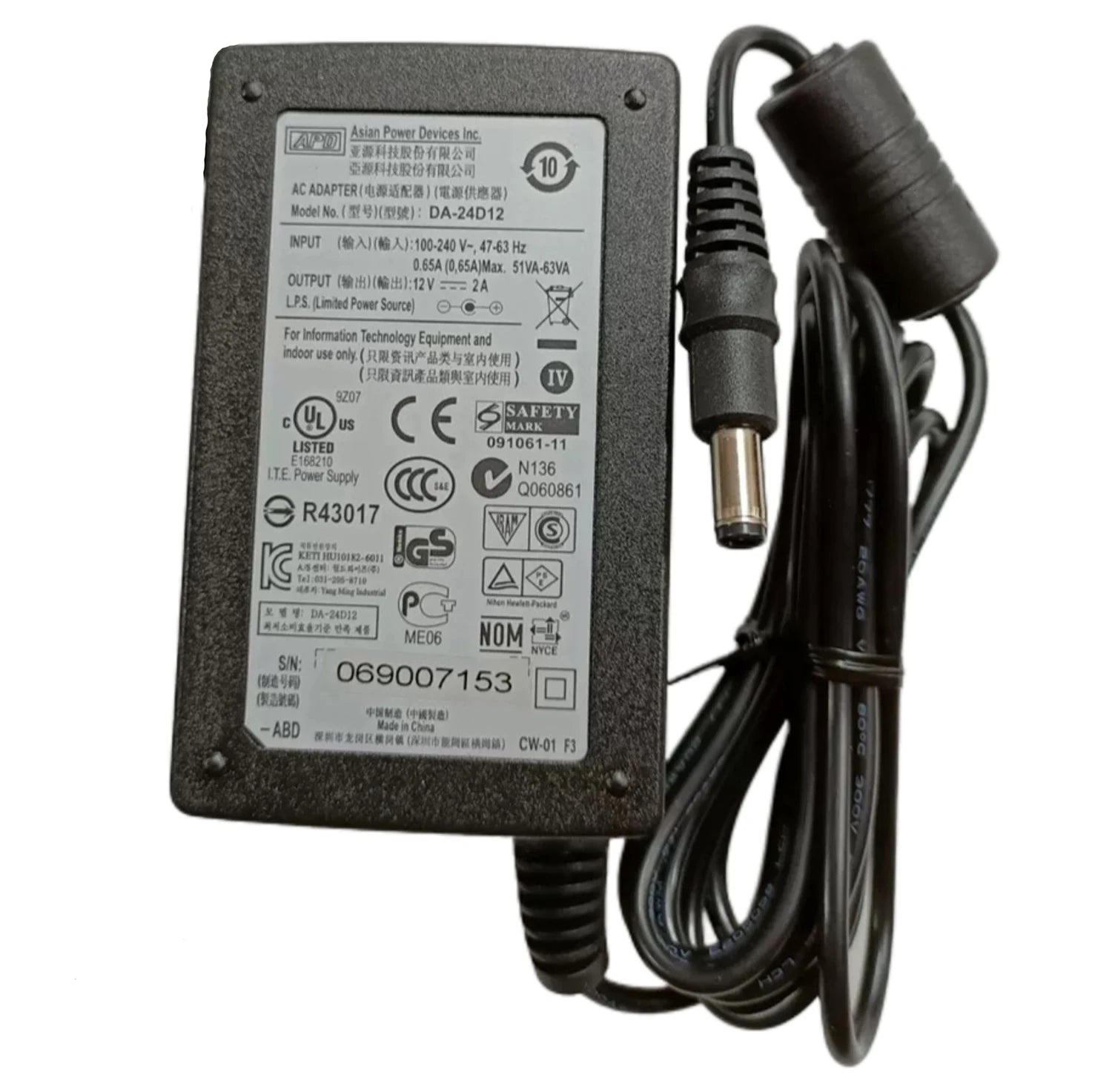 Genuine ASIAN POWER DEVICES, INC. DA-24D12 12V 2A AC Adapter Charger 5.5*2.1mm 24W Power Supply Original