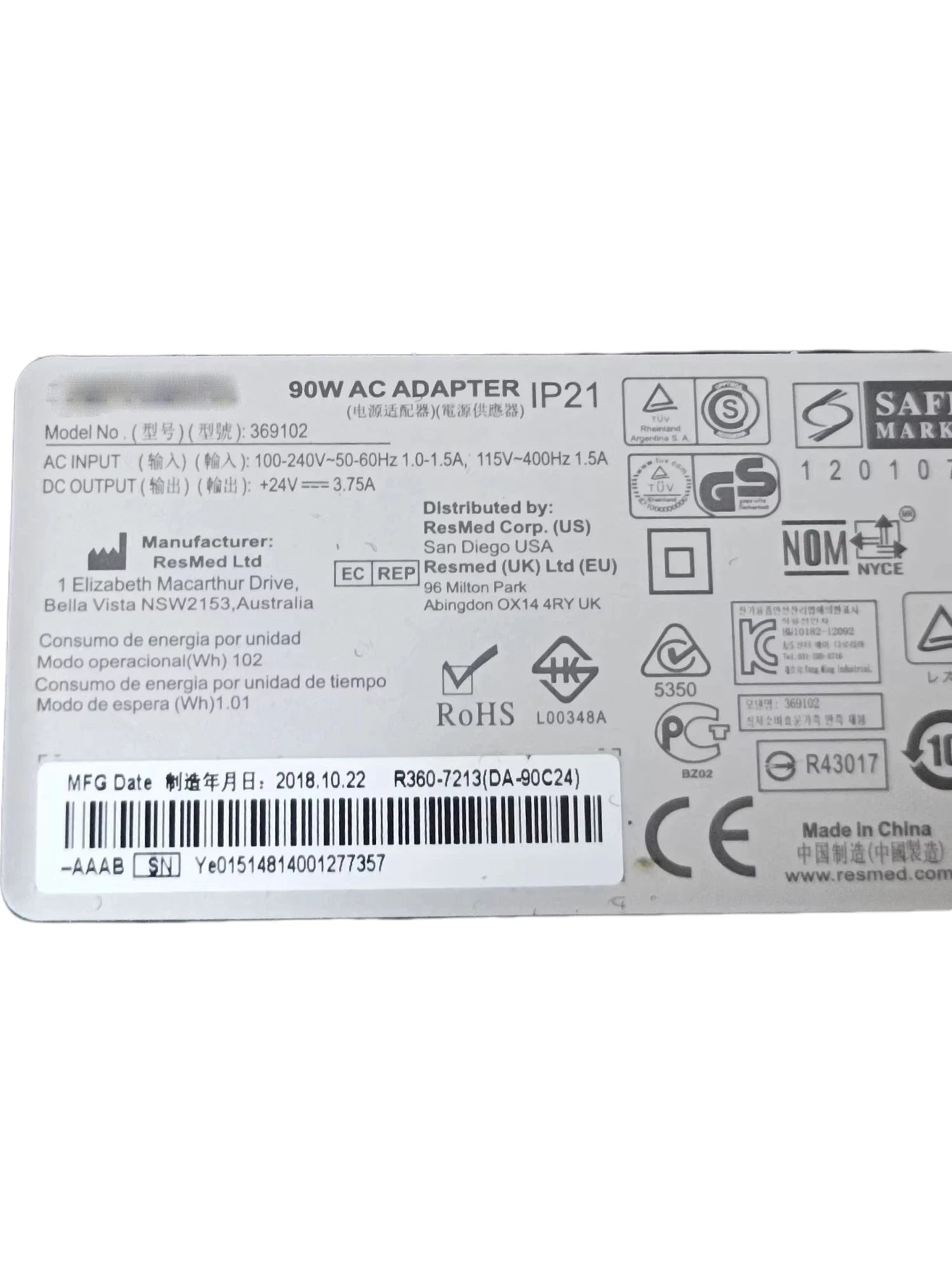 Genuine 24V 3.75A 90W AC Adapter Charger DA-90A24 R270-7198 R270-7198 (DA-90A24) IP21 369102 For Resmed ASTRAL 150 Power Supply