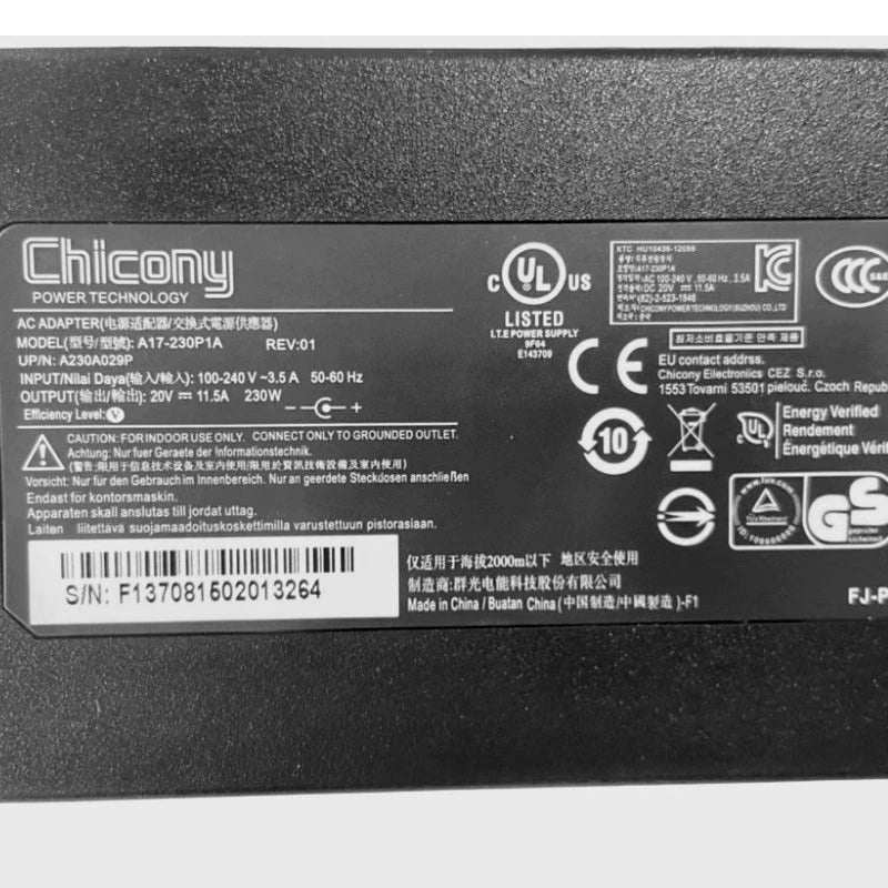 Chicony A17-230P1B 230W 20V 11.5A AC Power Adapter Charger For Schenker XMG NEO 15-E21 Gaming Laptop XOTIC G70PNP Clevo PD70PNP