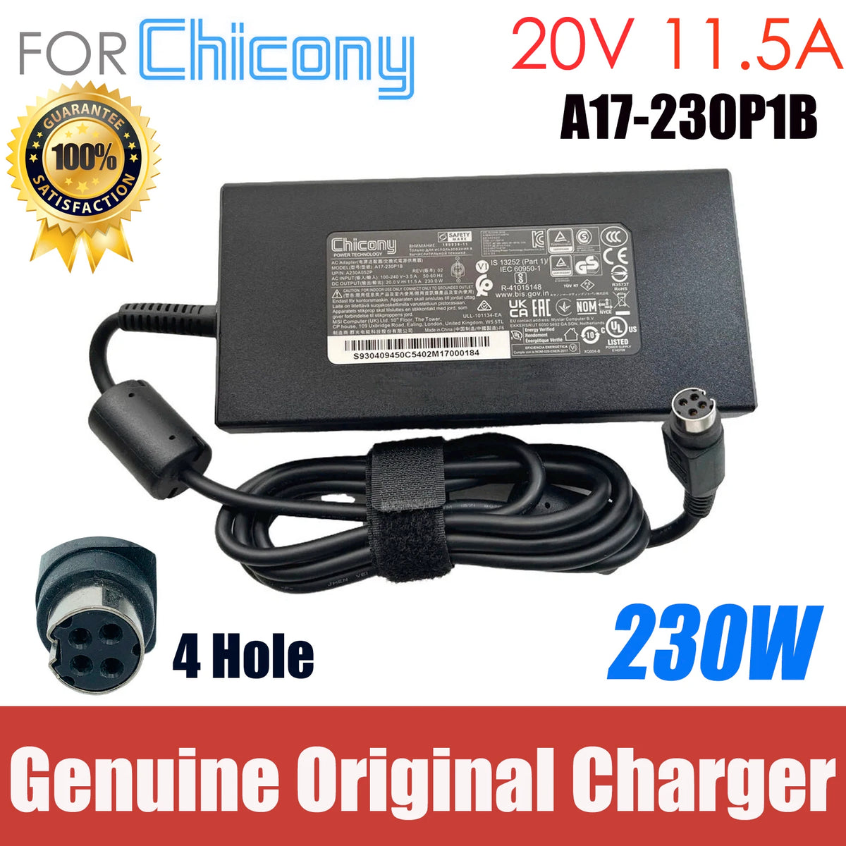 Genuine Chicony A17-230P1B 20V 11.5A 230W AC Adapter Charger For CLEVO P751DM-G P751ZM P750DM-G Power Supply 4 Pin Female Plug